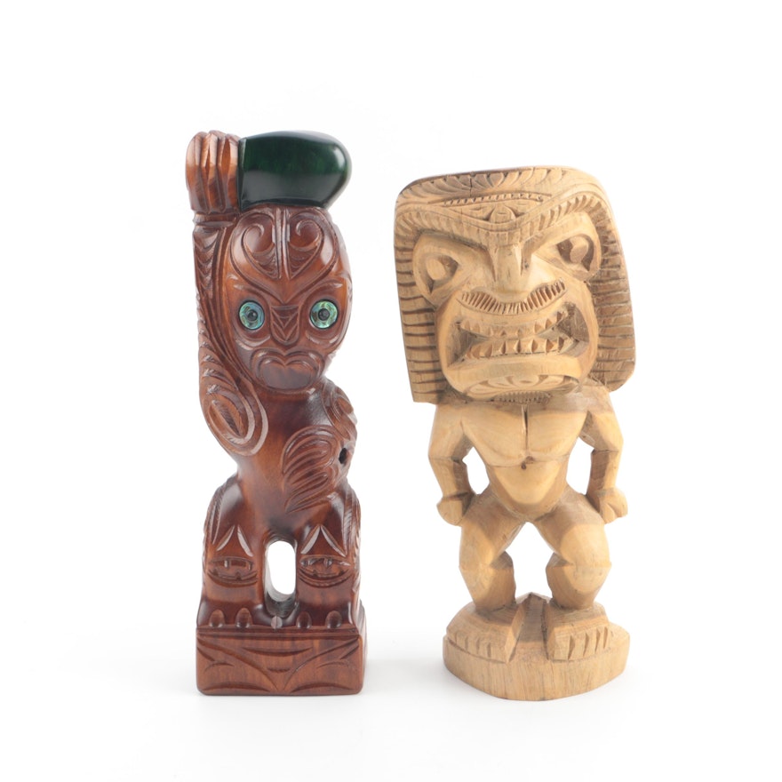 Polynesian Style Carved Wooden Figures Including Māori Kauri Timber Tekoteko