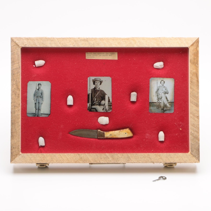 Shadowbox including Replica Civil War Soldier Tintypes with Knife and Bullets