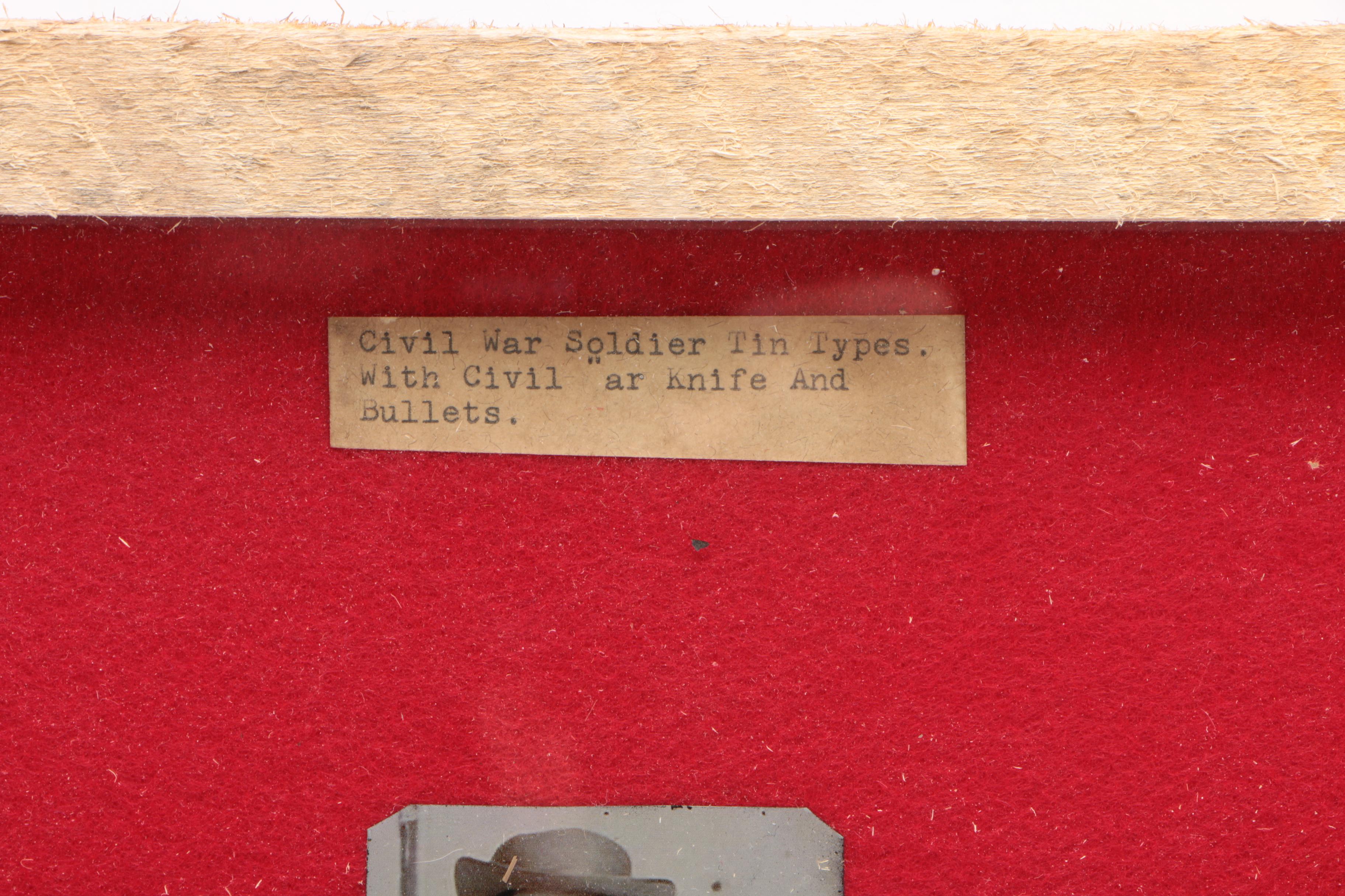 Shadowbox including Replica Civil War Soldier Tintypes with Knife and Bullets