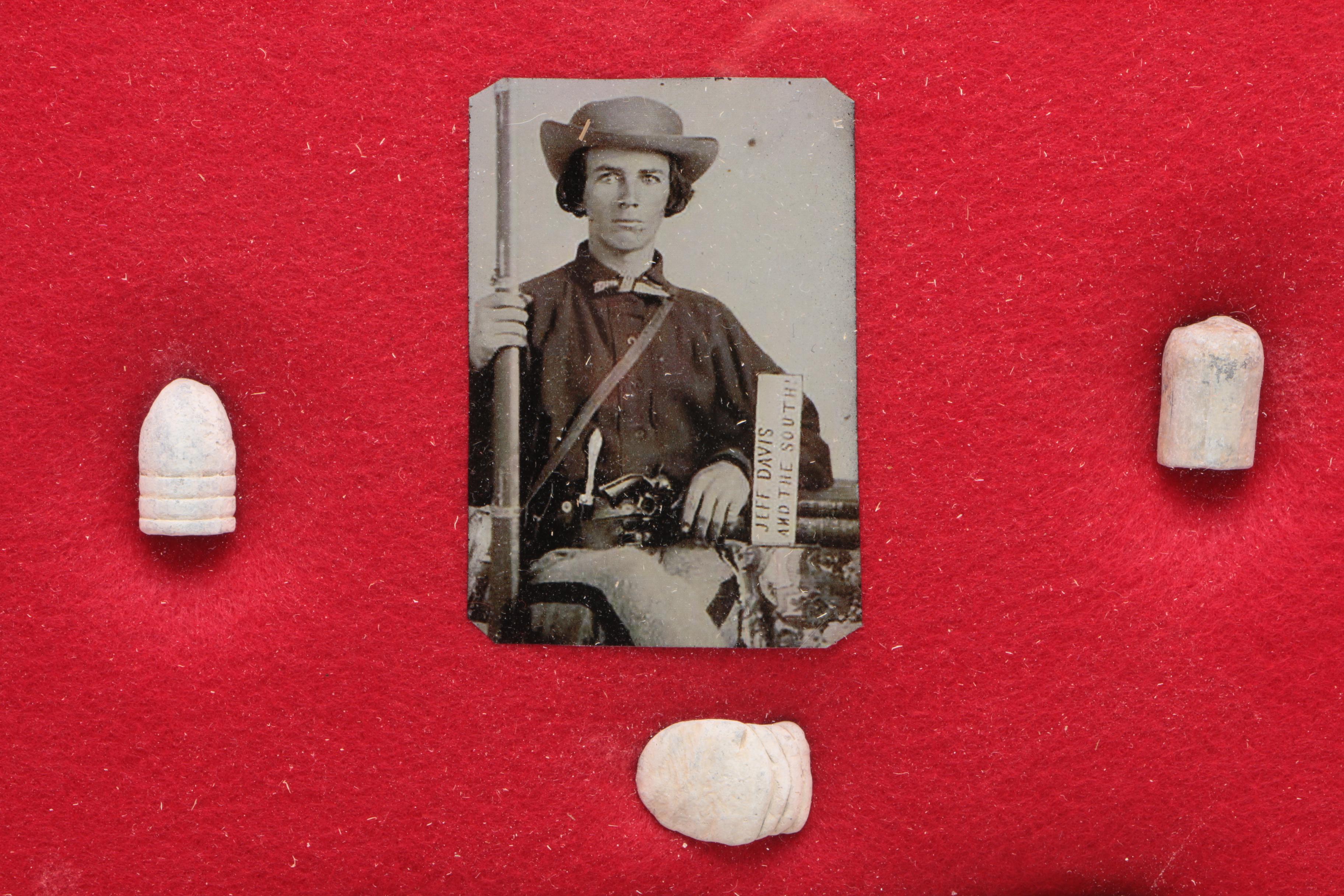 Shadowbox including Replica Civil War Soldier Tintypes with Knife and Bullets