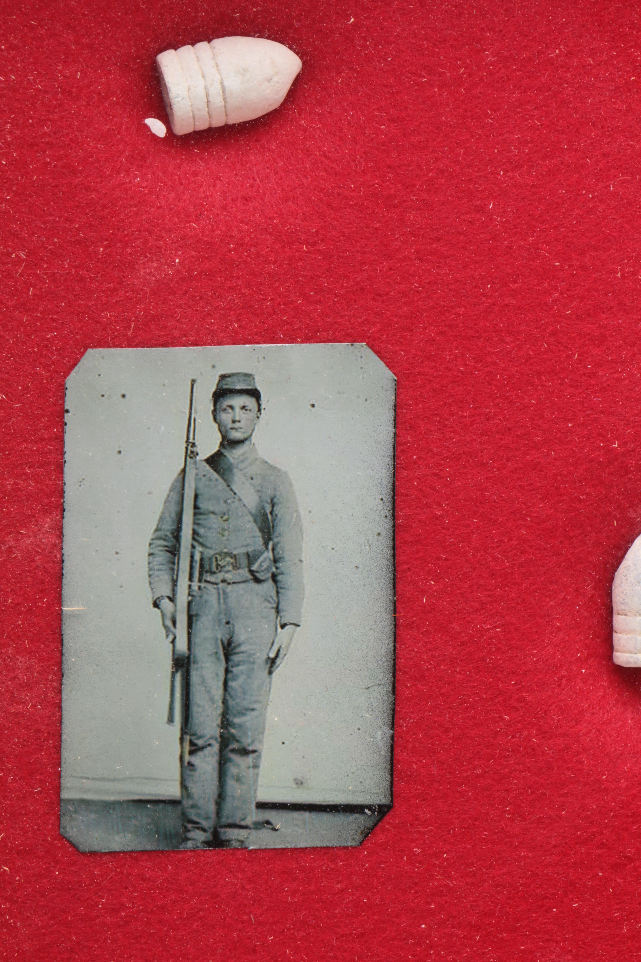 Shadowbox including Replica Civil War Soldier Tintypes with Knife and Bullets