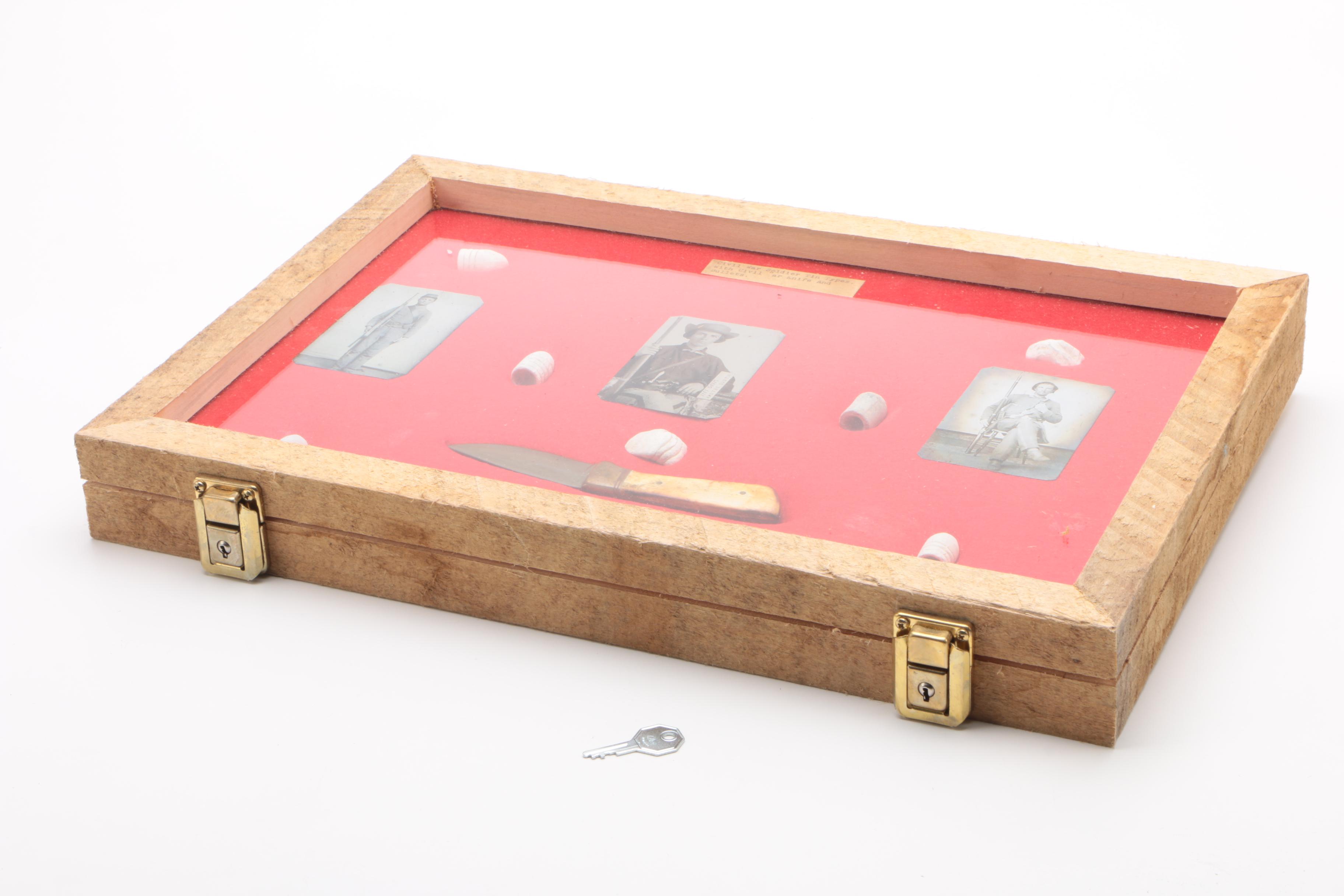 Shadowbox including Replica Civil War Soldier Tintypes with Knife and Bullets