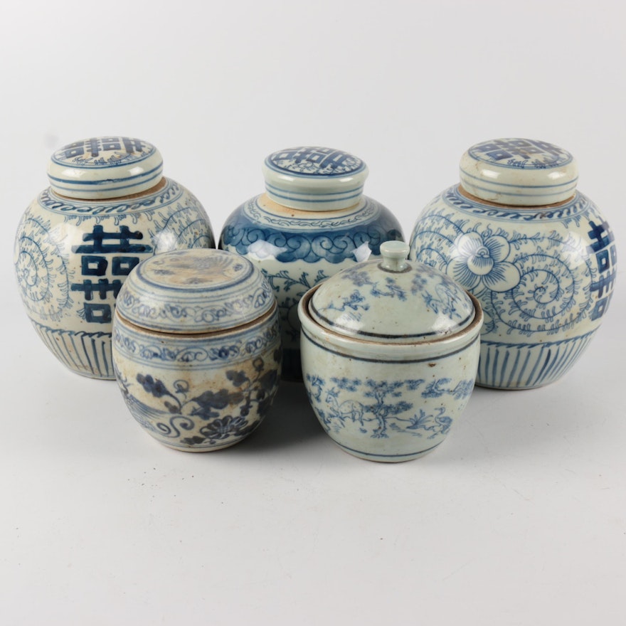 Chinese Blue and White Ceramic Ginger and Spice Jars