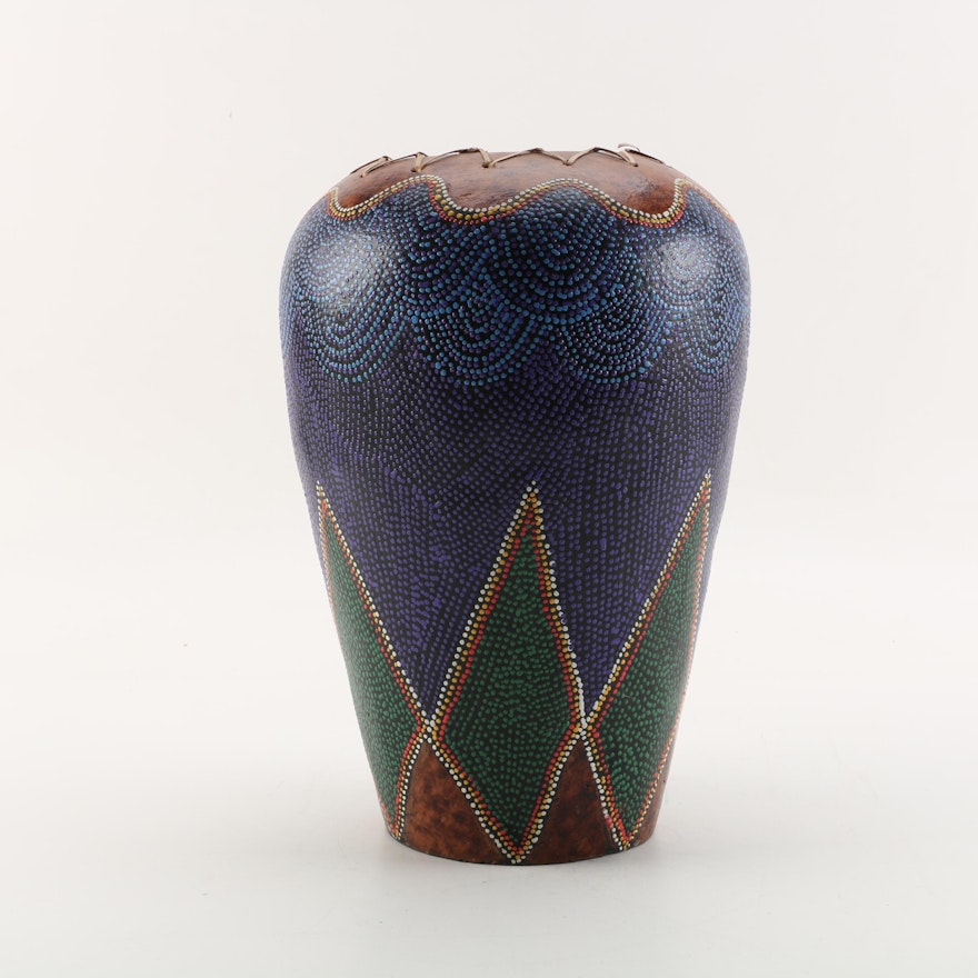 Tribal Inspired Pointillism Style Ceramic Vase