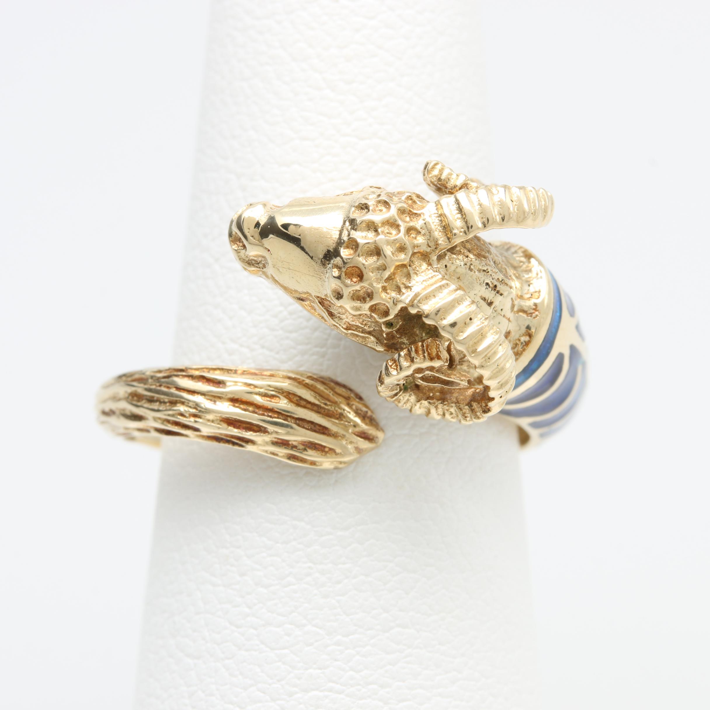 14K Yellow Gold Enameled Adjustable Ram's Head Ring