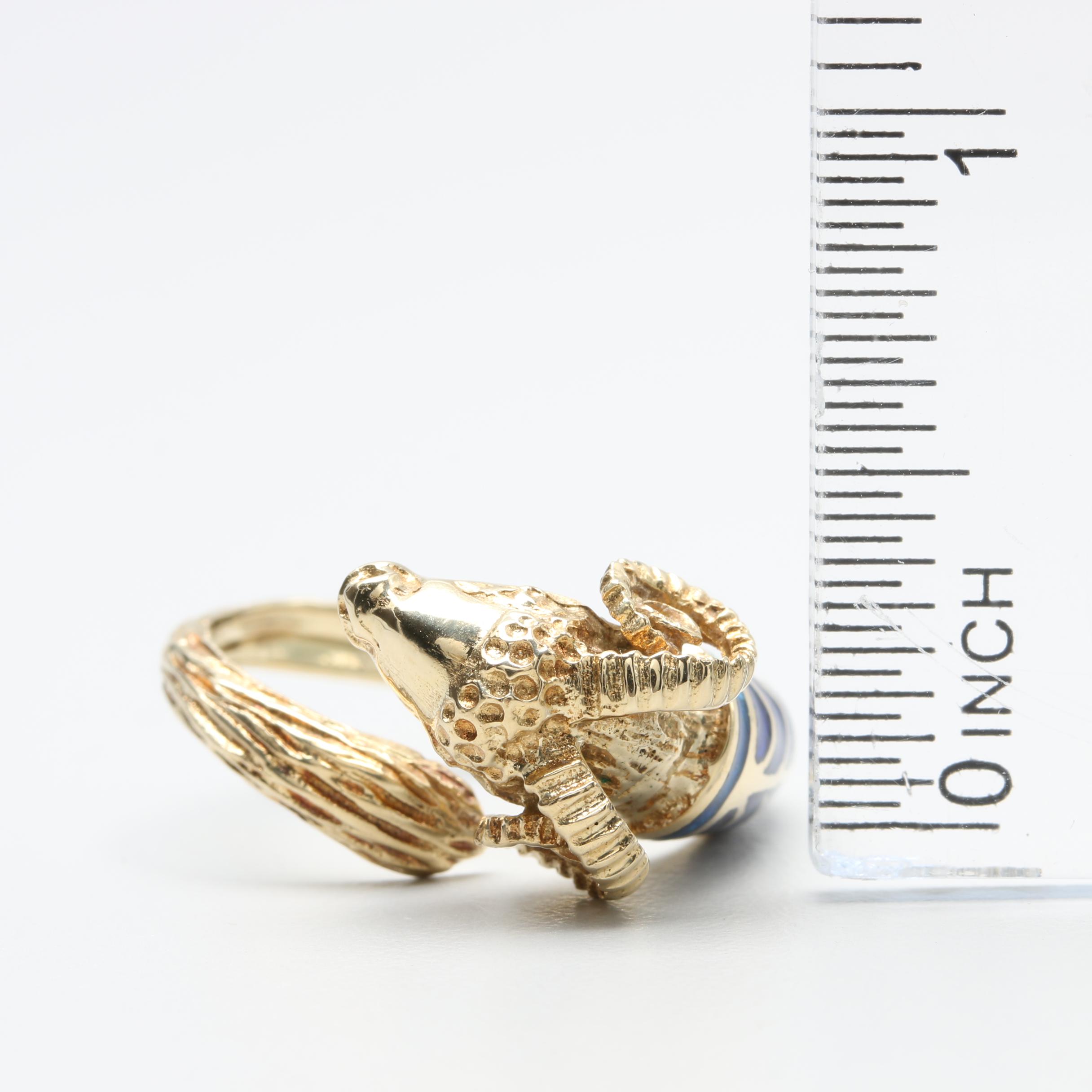 14K Yellow Gold Enameled Adjustable Ram's Head Ring