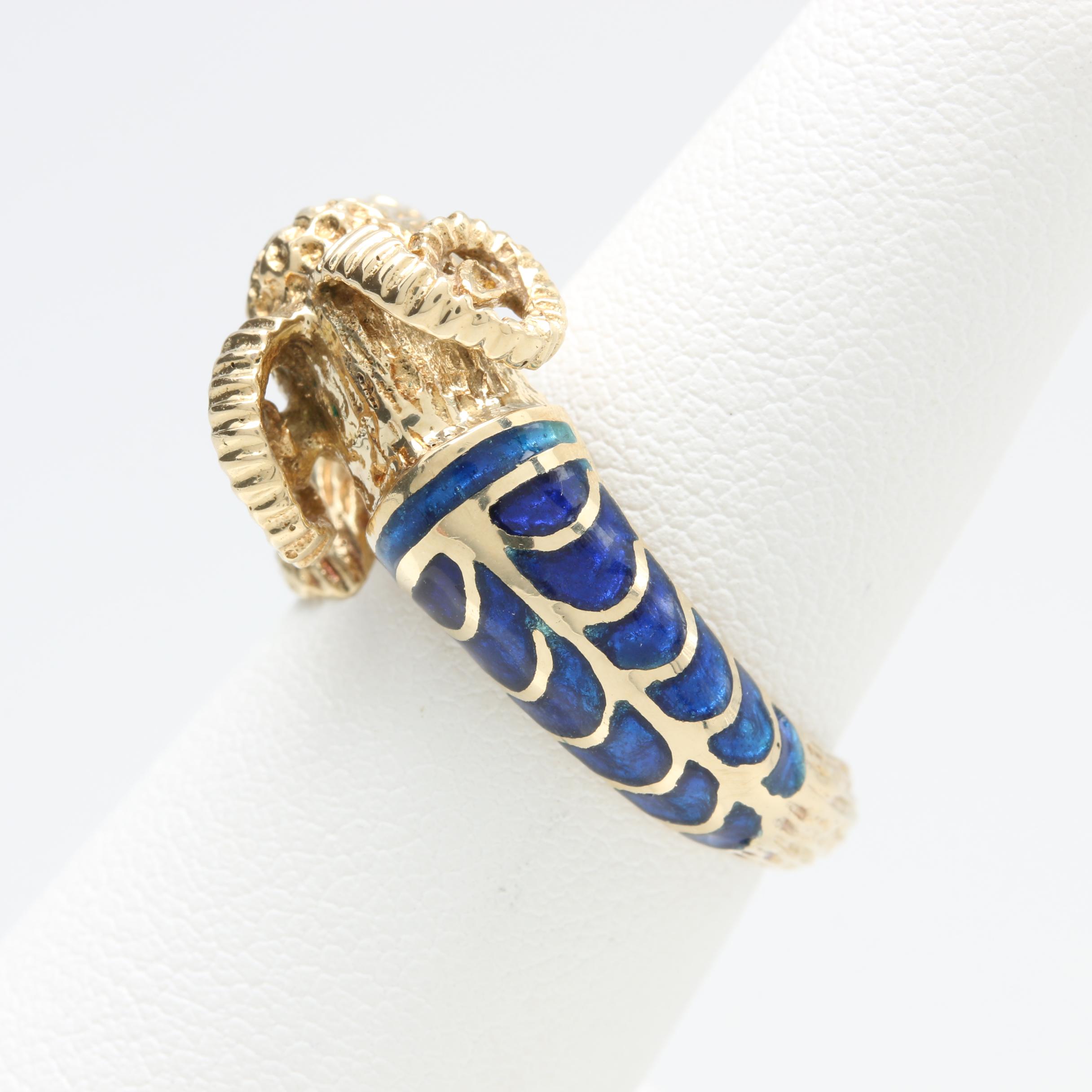 14K Yellow Gold Enameled Adjustable Ram's Head Ring