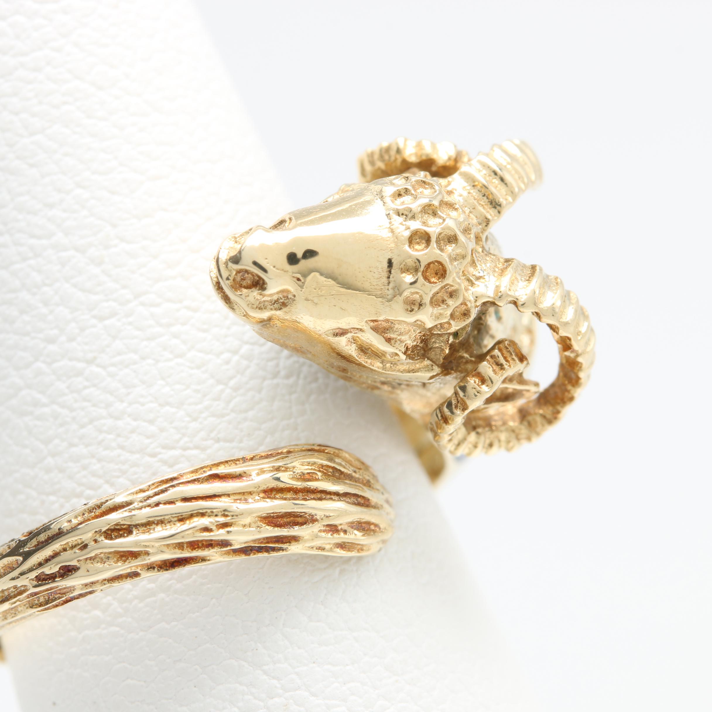 14K Yellow Gold Enameled Adjustable Ram's Head Ring