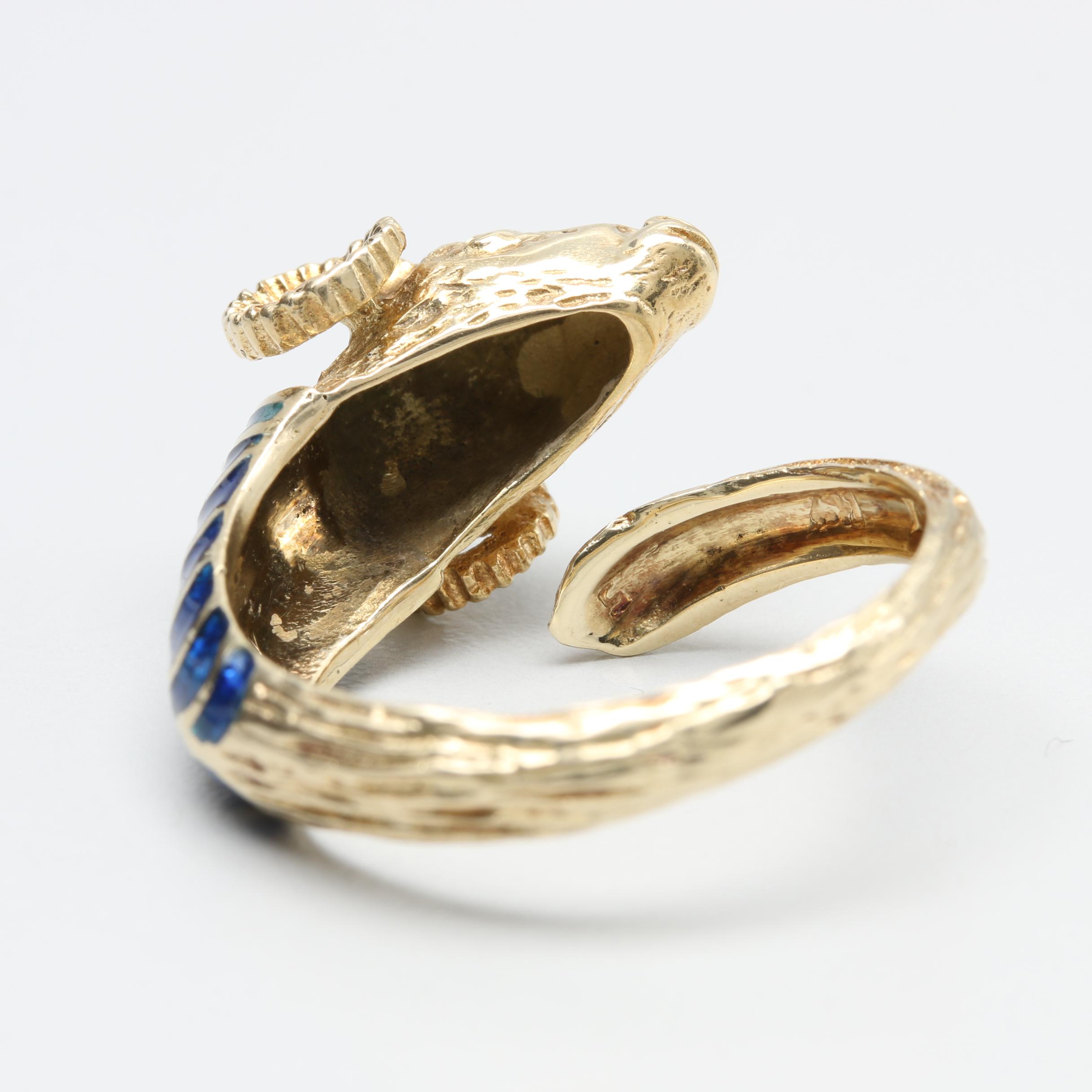14K Yellow Gold Enameled Adjustable Ram's Head Ring