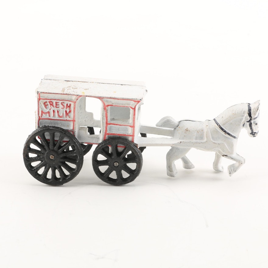 Vintage Painted Cast Iron "Fresh Milk" Horse Drawn Cart