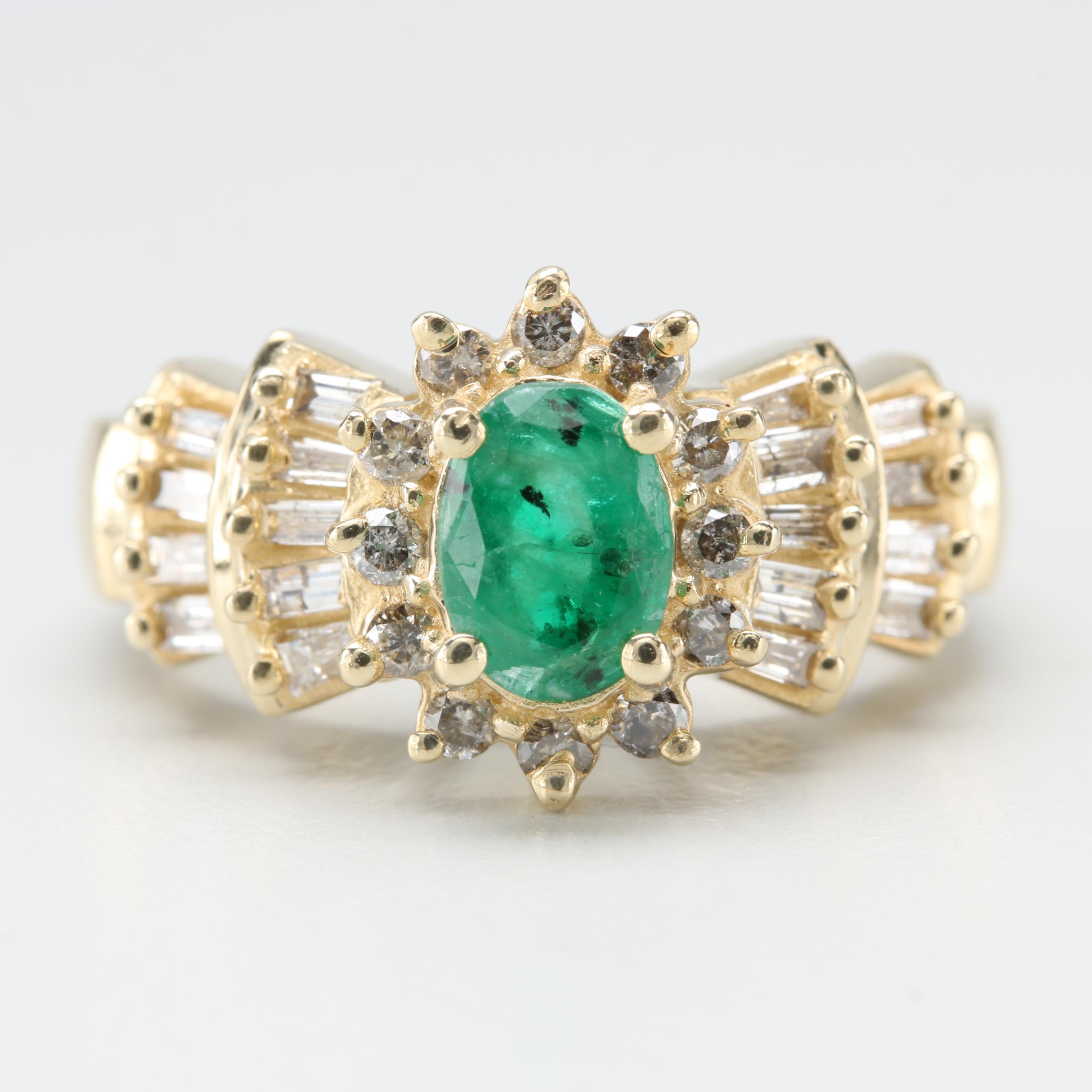 14K Yellow Gold Emerald and Diamond Ring