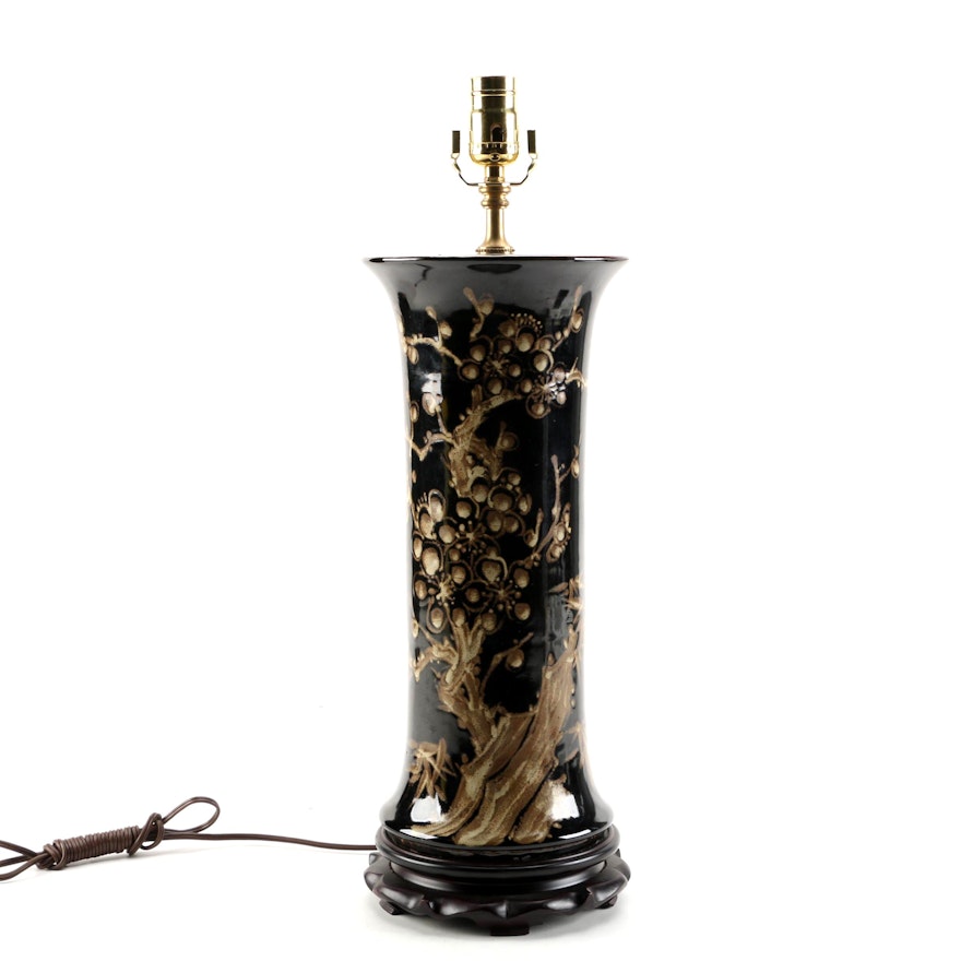 East Asian Vase Table Lamp with Cherry Blossom Motif