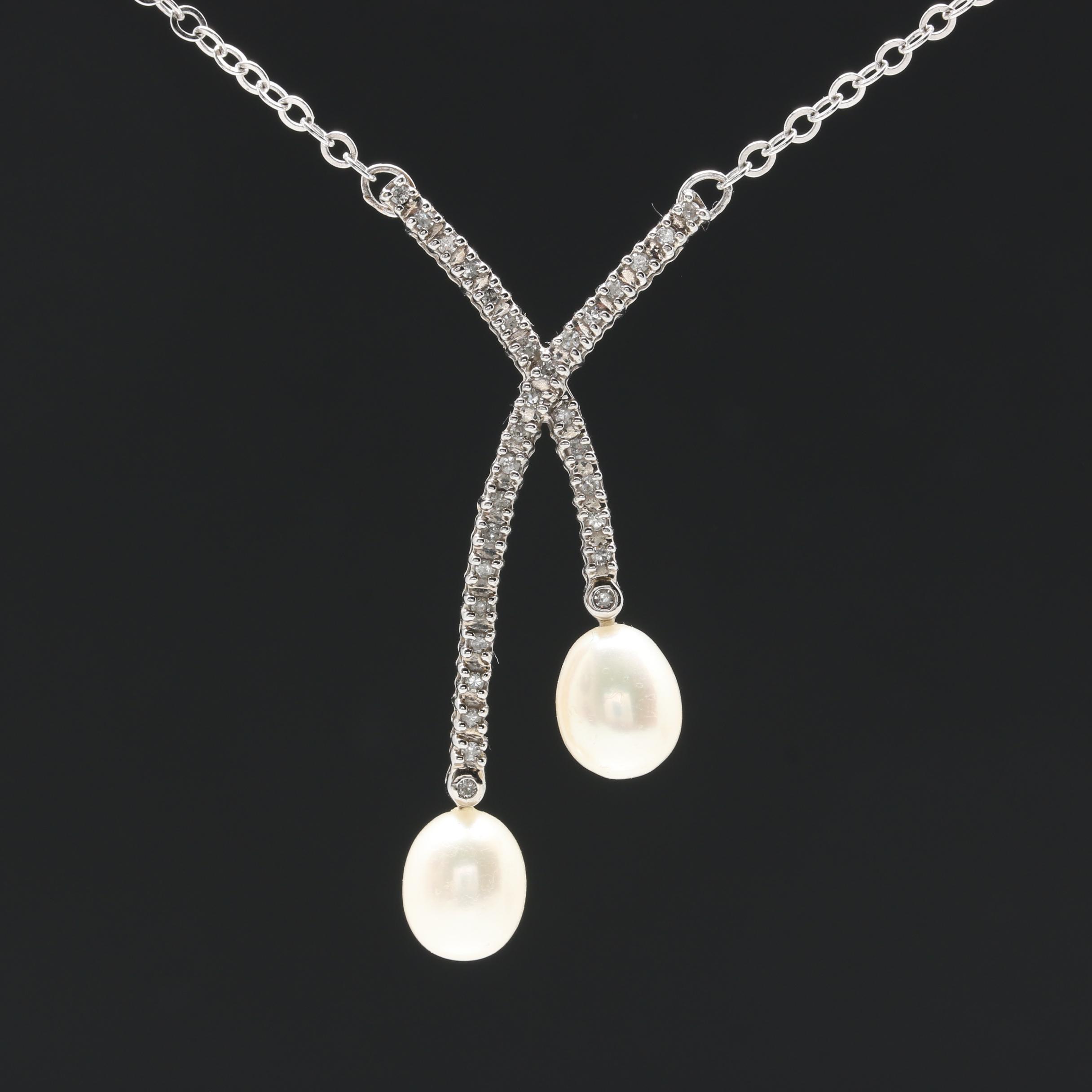 14K White Gold Cultured Pearl and Diamond Necklace