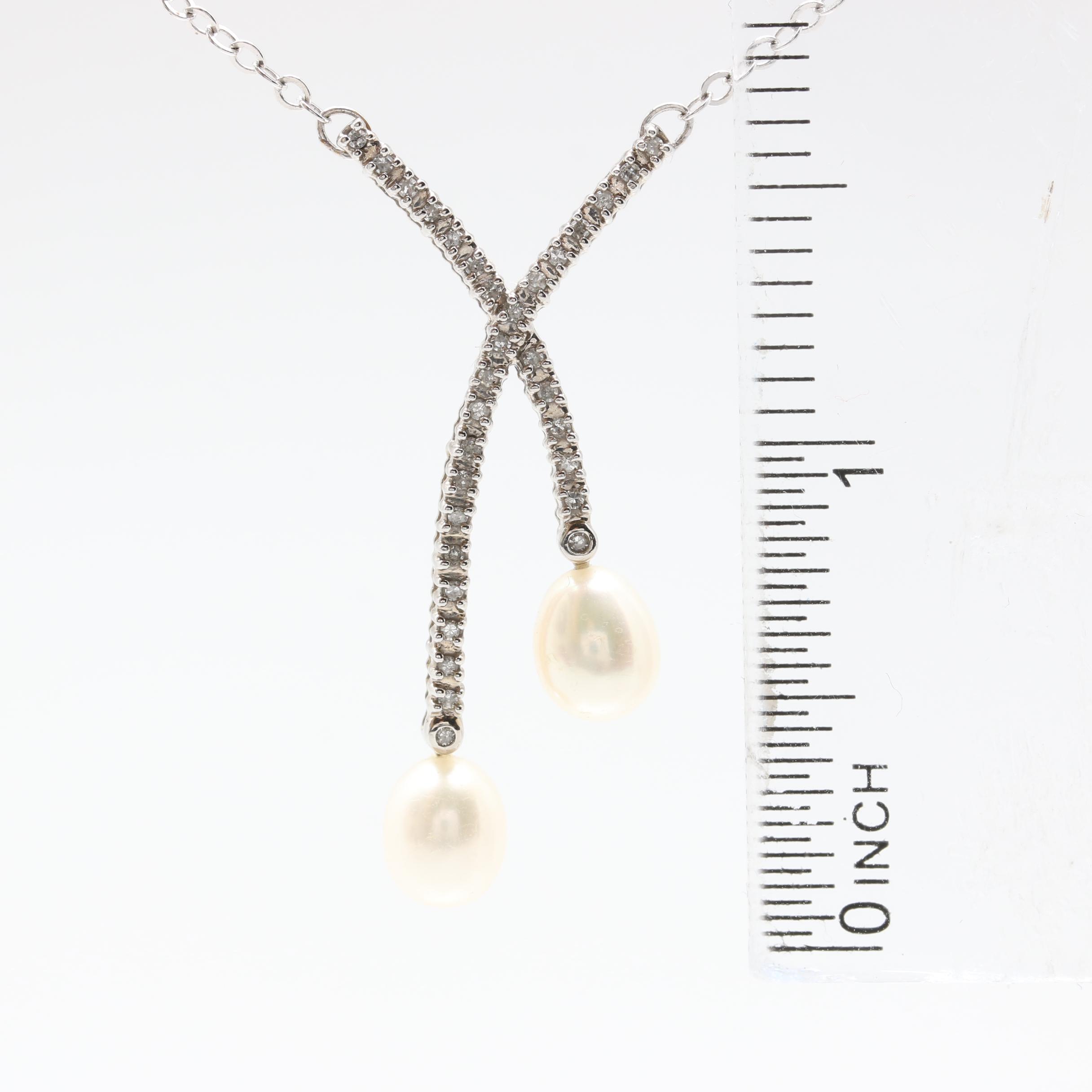 14K White Gold Cultured Pearl and Diamond Necklace