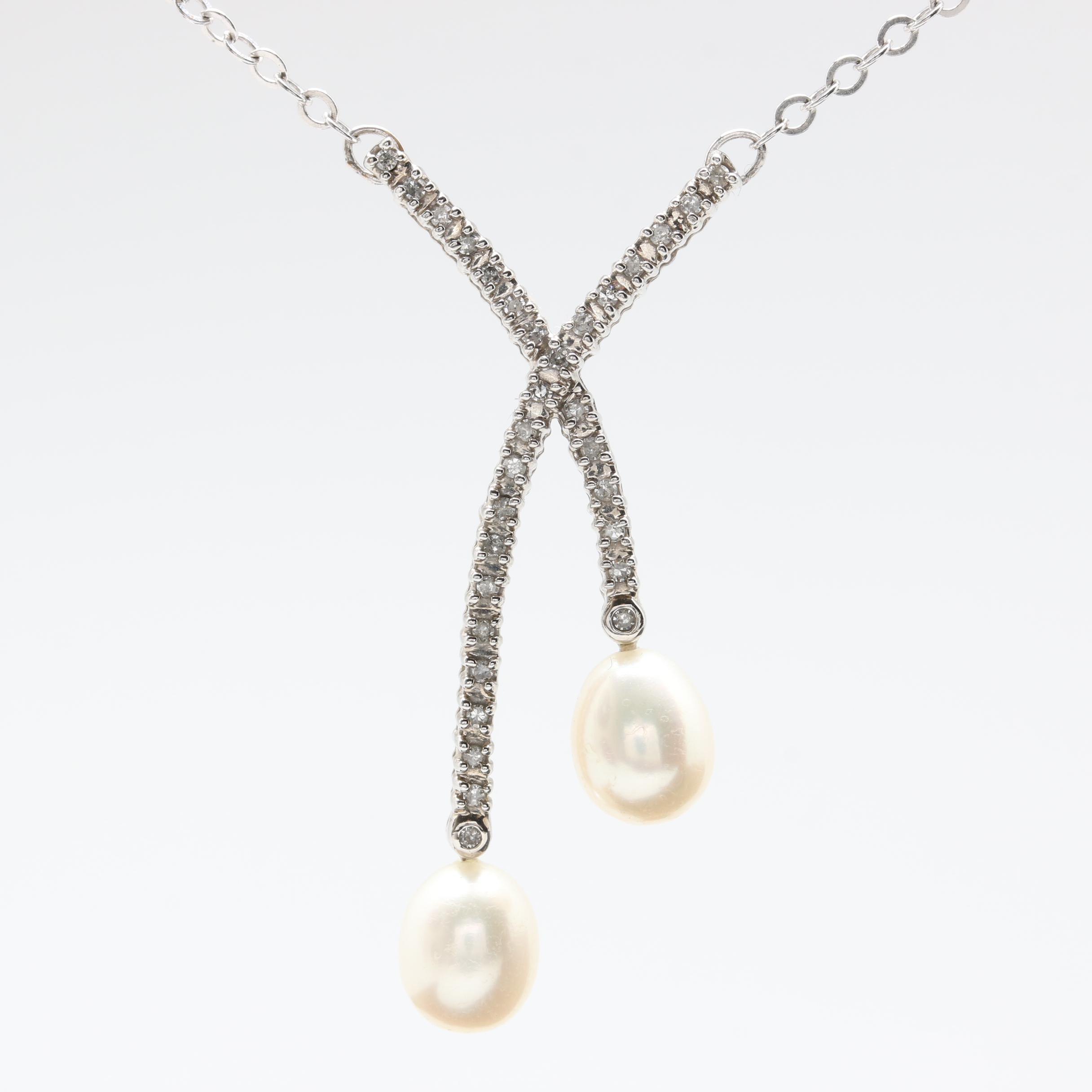 14K White Gold Cultured Pearl and Diamond Necklace