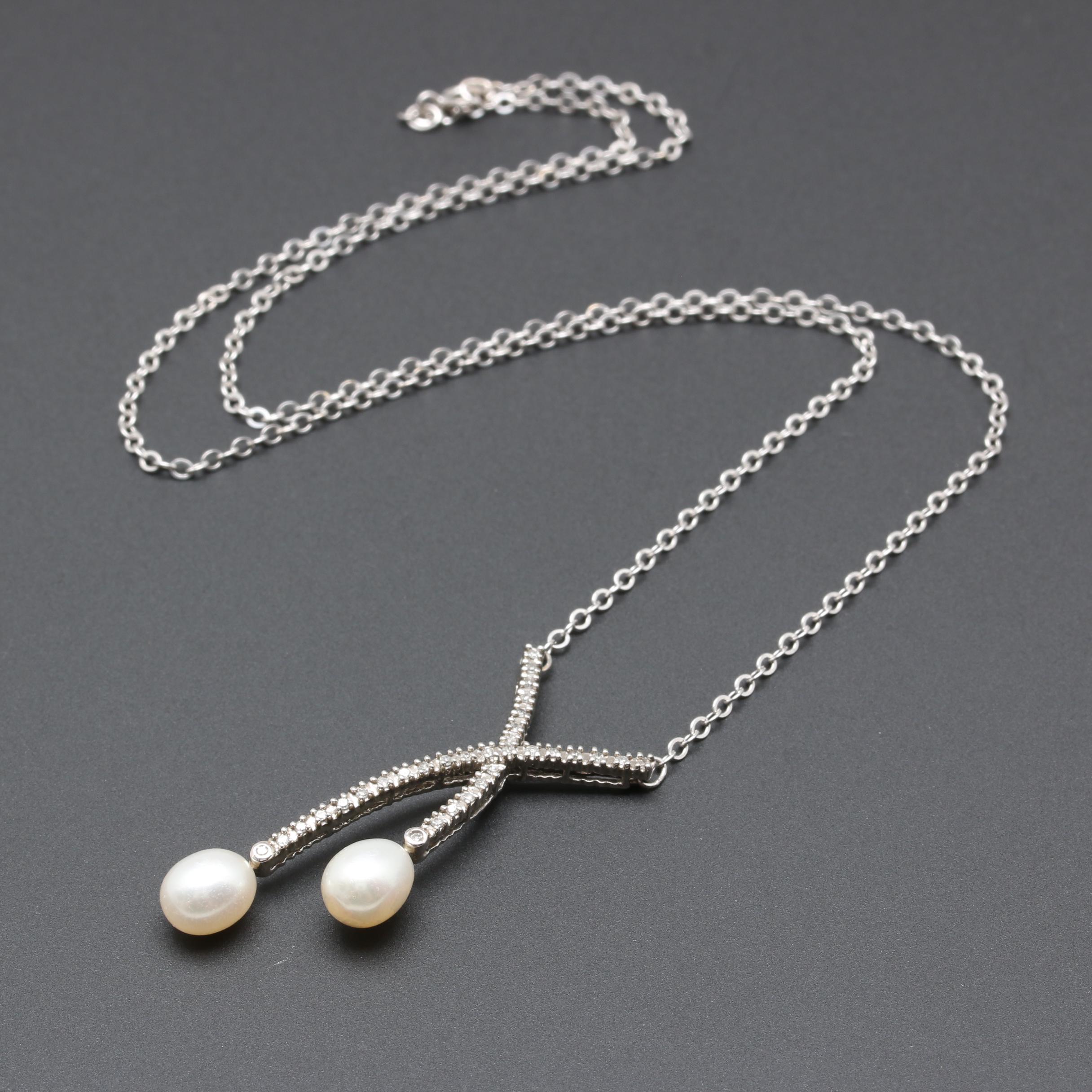 14K White Gold Cultured Pearl and Diamond Necklace