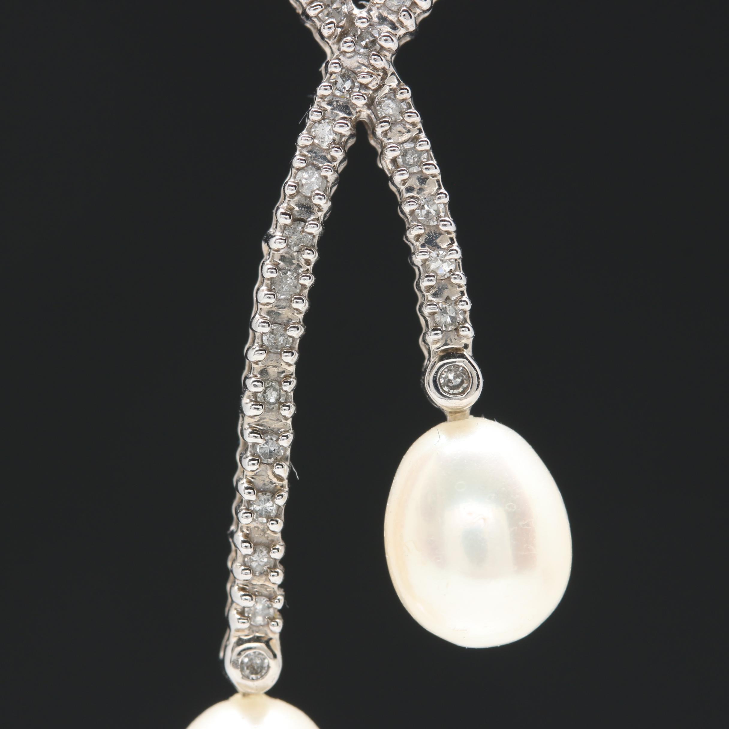 14K White Gold Cultured Pearl and Diamond Necklace