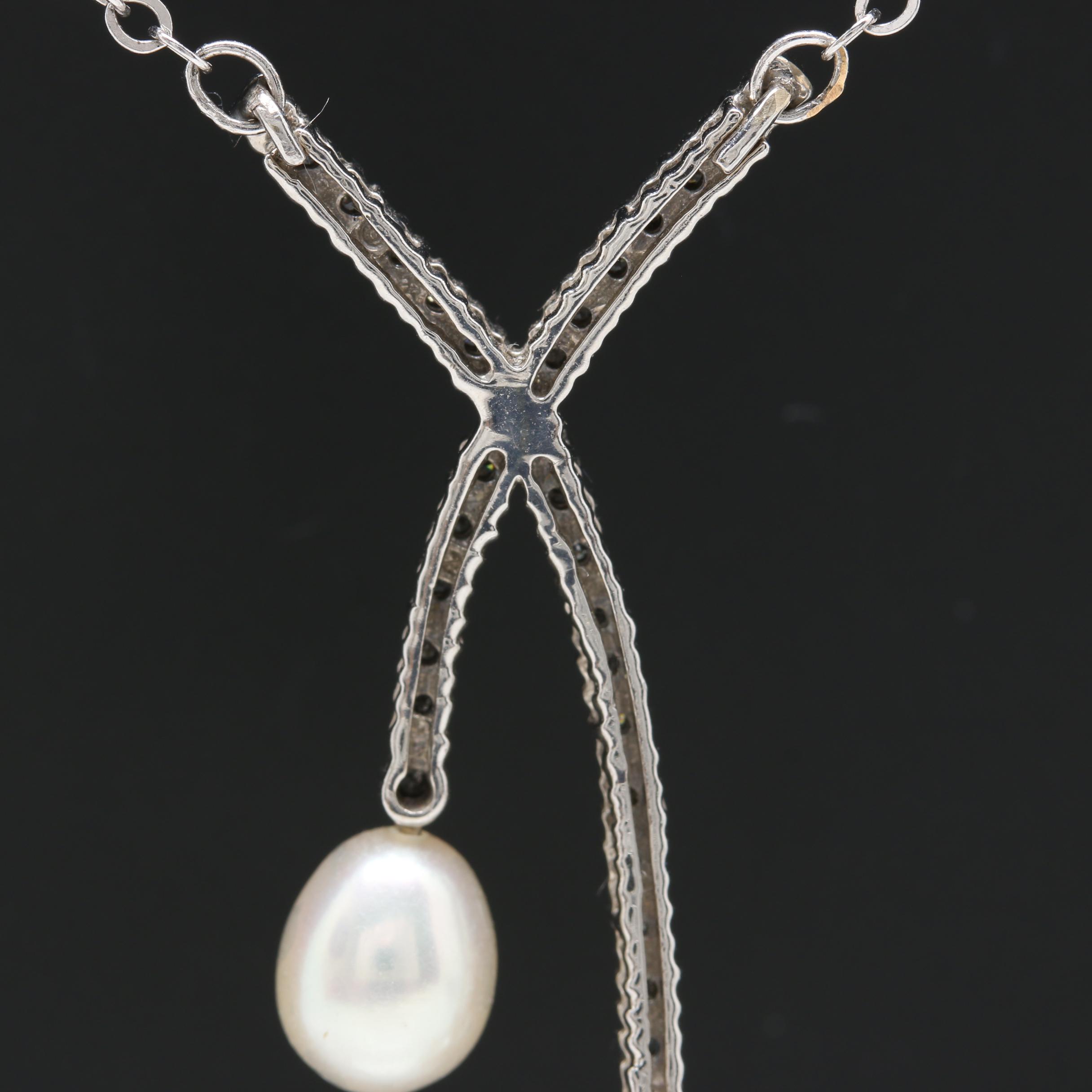 14K White Gold Cultured Pearl and Diamond Necklace