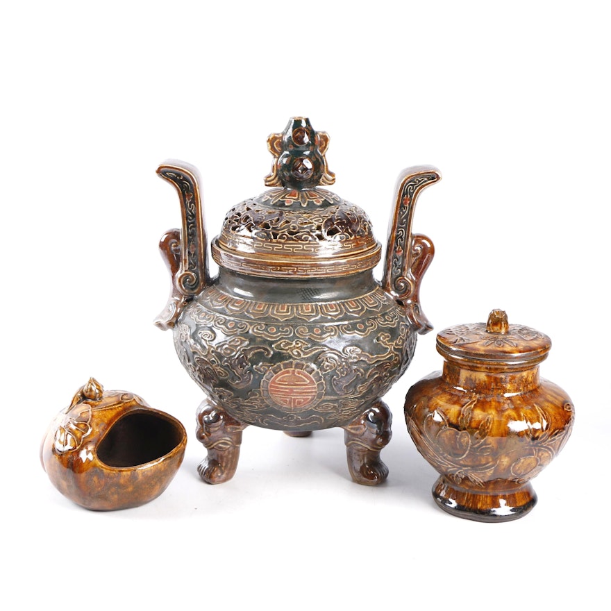 Chinese Decorative Ceramic Censer, Lidded Jar, and Planter