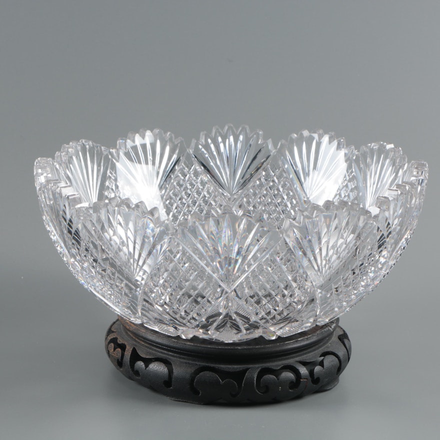 Hawkes Crystal Serving Bowl and Carved Wooden Stand