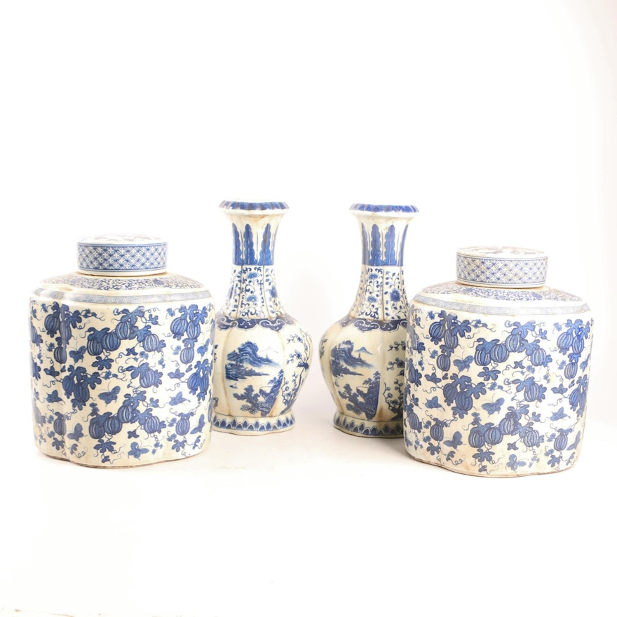 Chinese Blue and White Porcelain Vases and Tea Jars