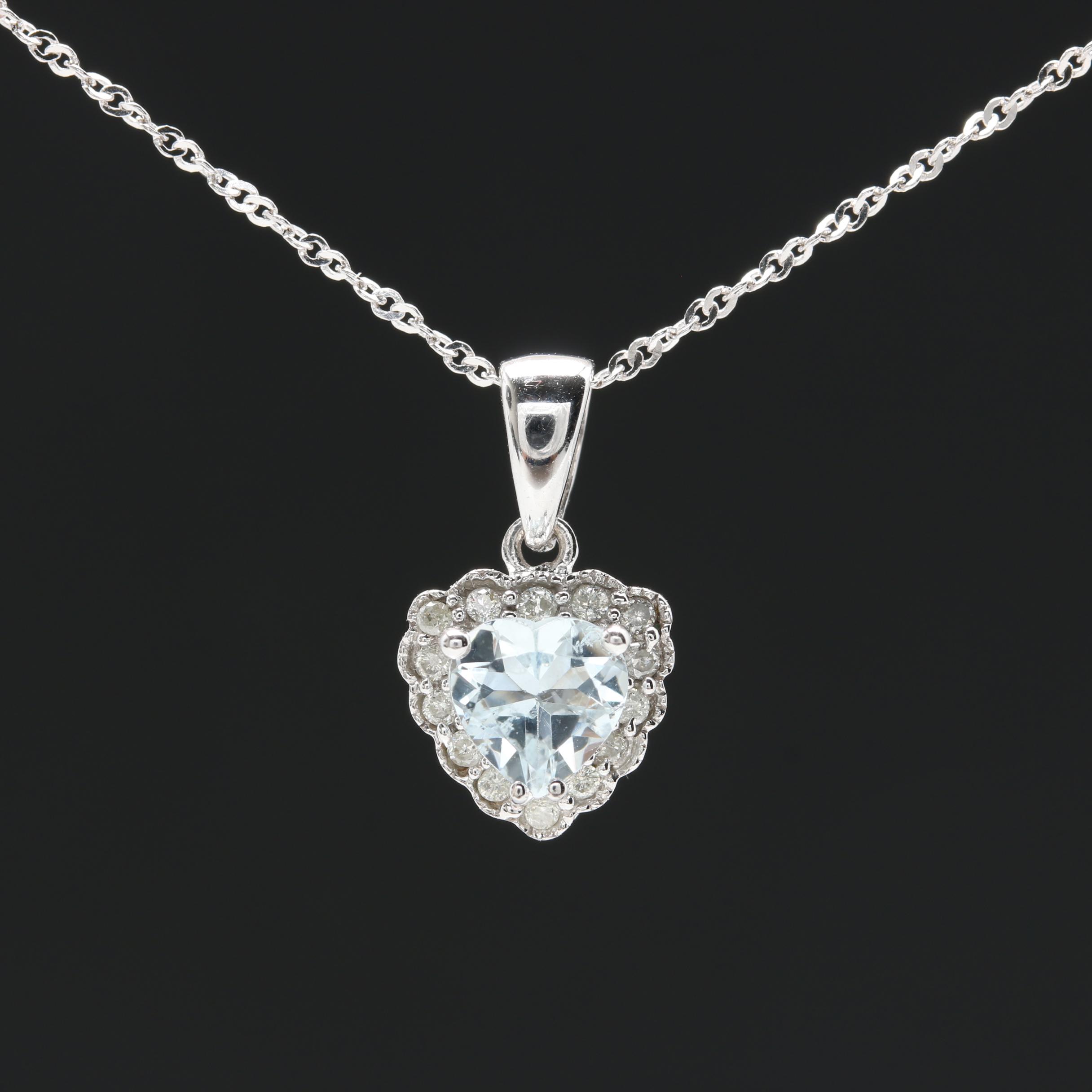 14K White Gold Aquamarine and Diamond Heart Necklace
