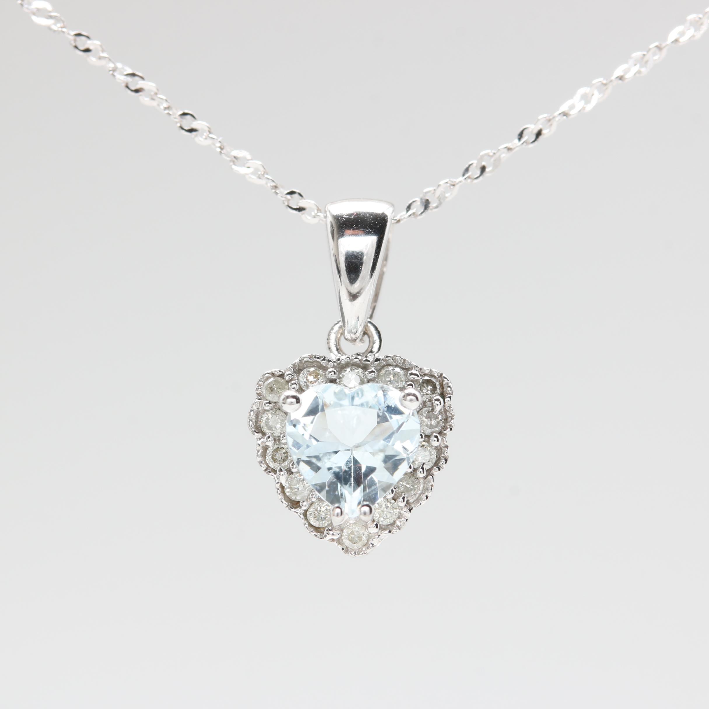 14K White Gold Aquamarine and Diamond Heart Necklace