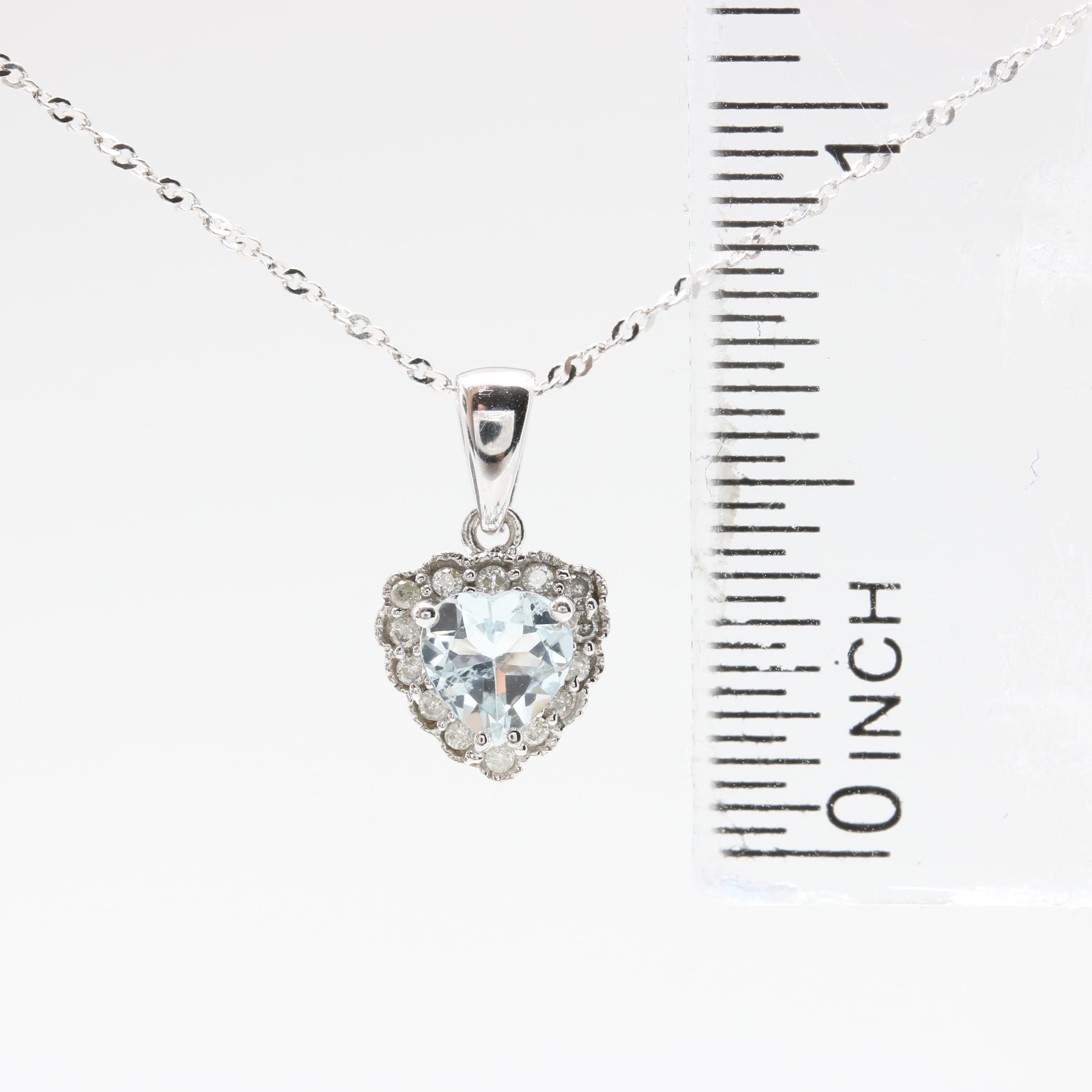 14K White Gold Aquamarine and Diamond Heart Necklace