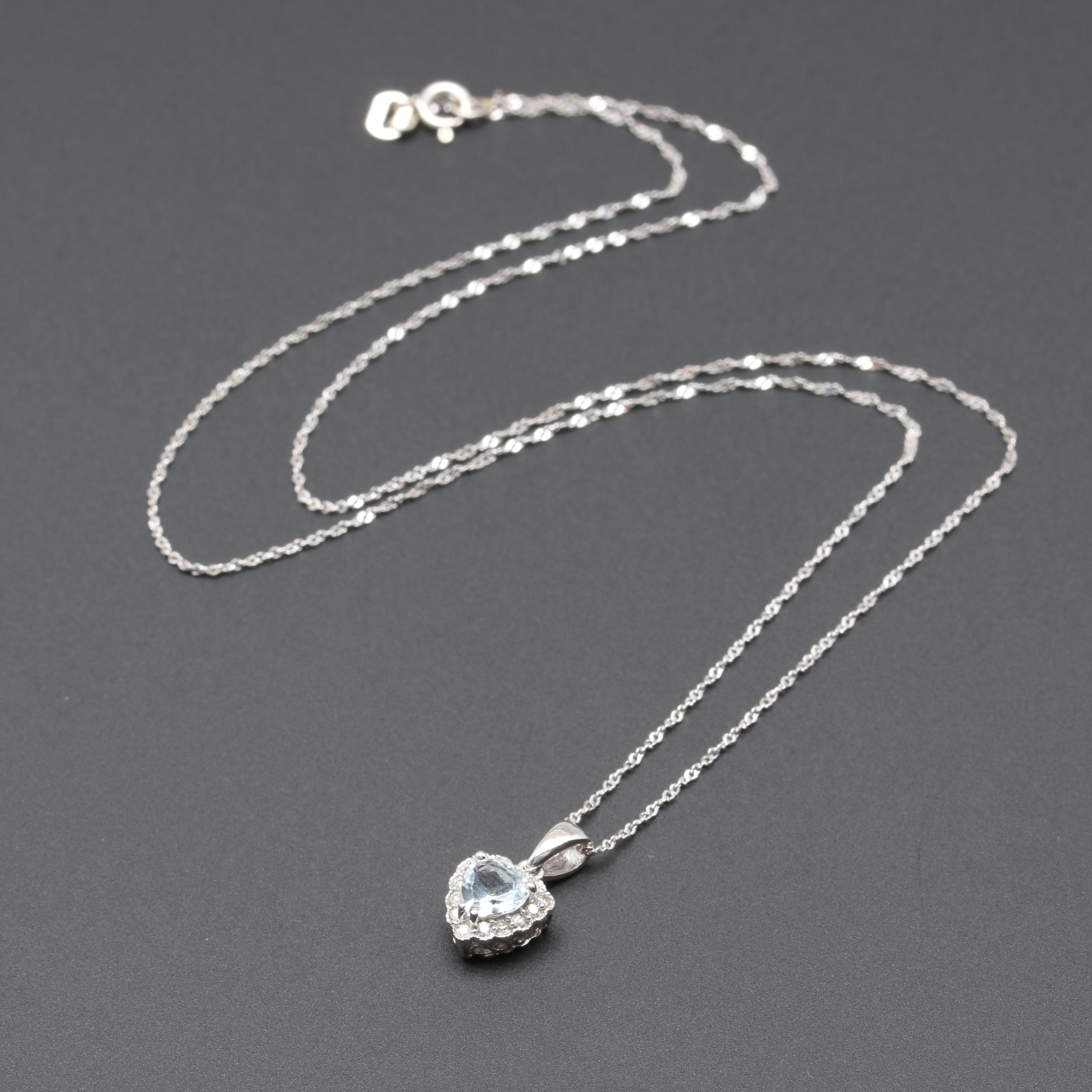 14K White Gold Aquamarine and Diamond Heart Necklace
