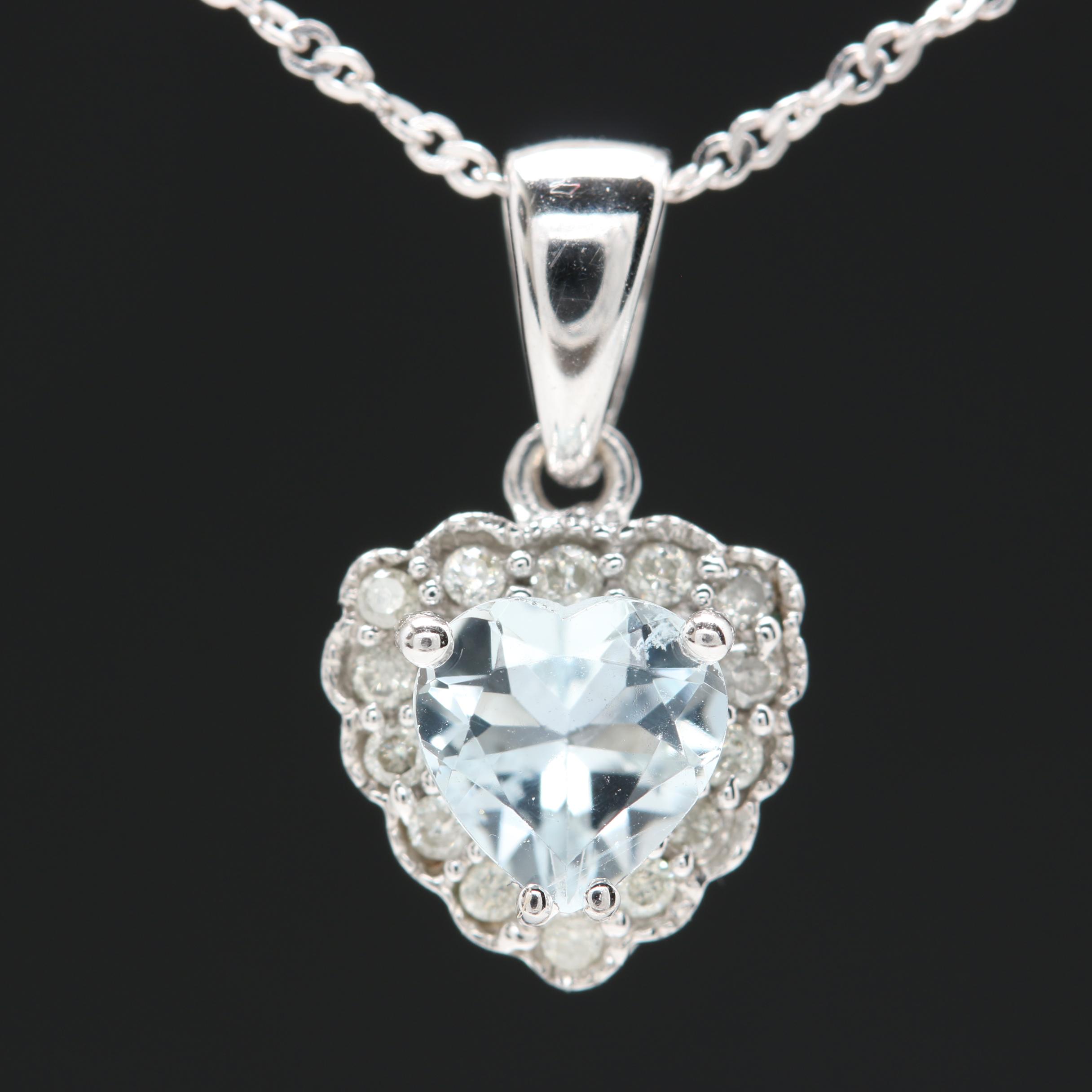 14K White Gold Aquamarine and Diamond Heart Necklace