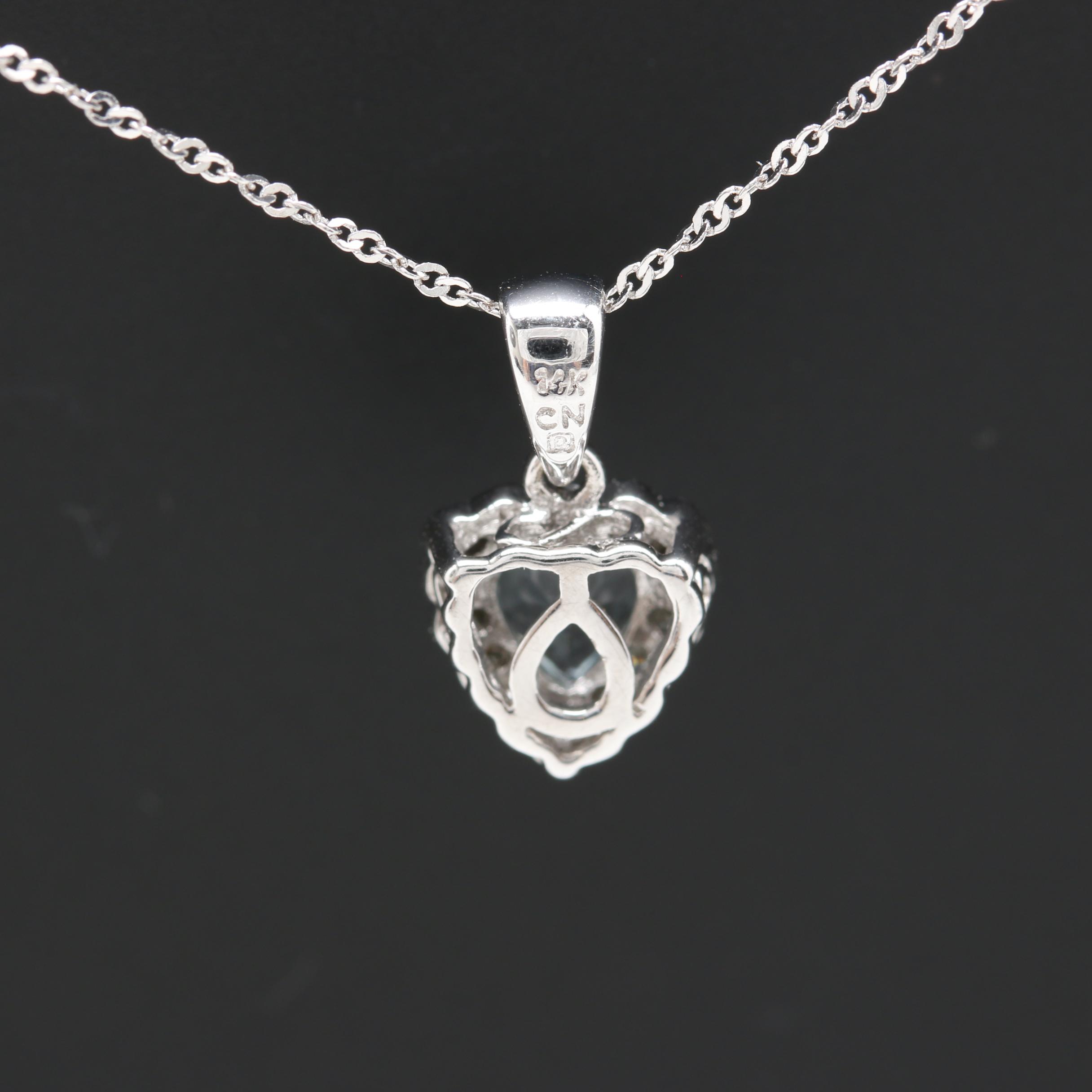 14K White Gold Aquamarine and Diamond Heart Necklace