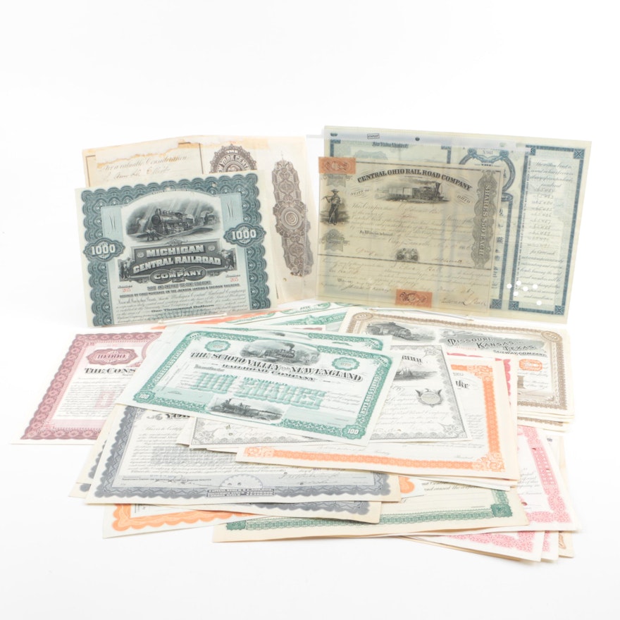 Collection of Railroad Stocks and Certificates