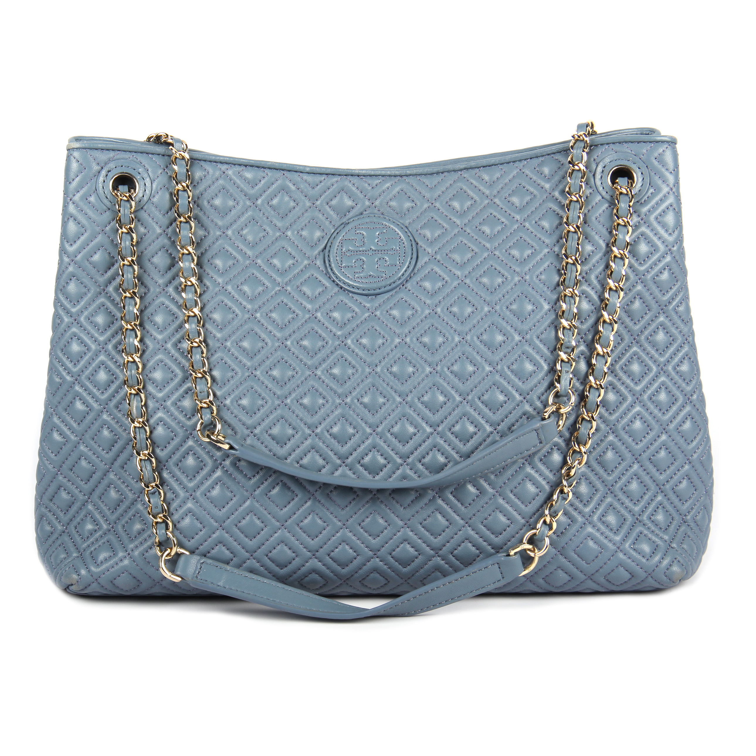 Tory Burch Quilted Dusty Blue Leather Tote