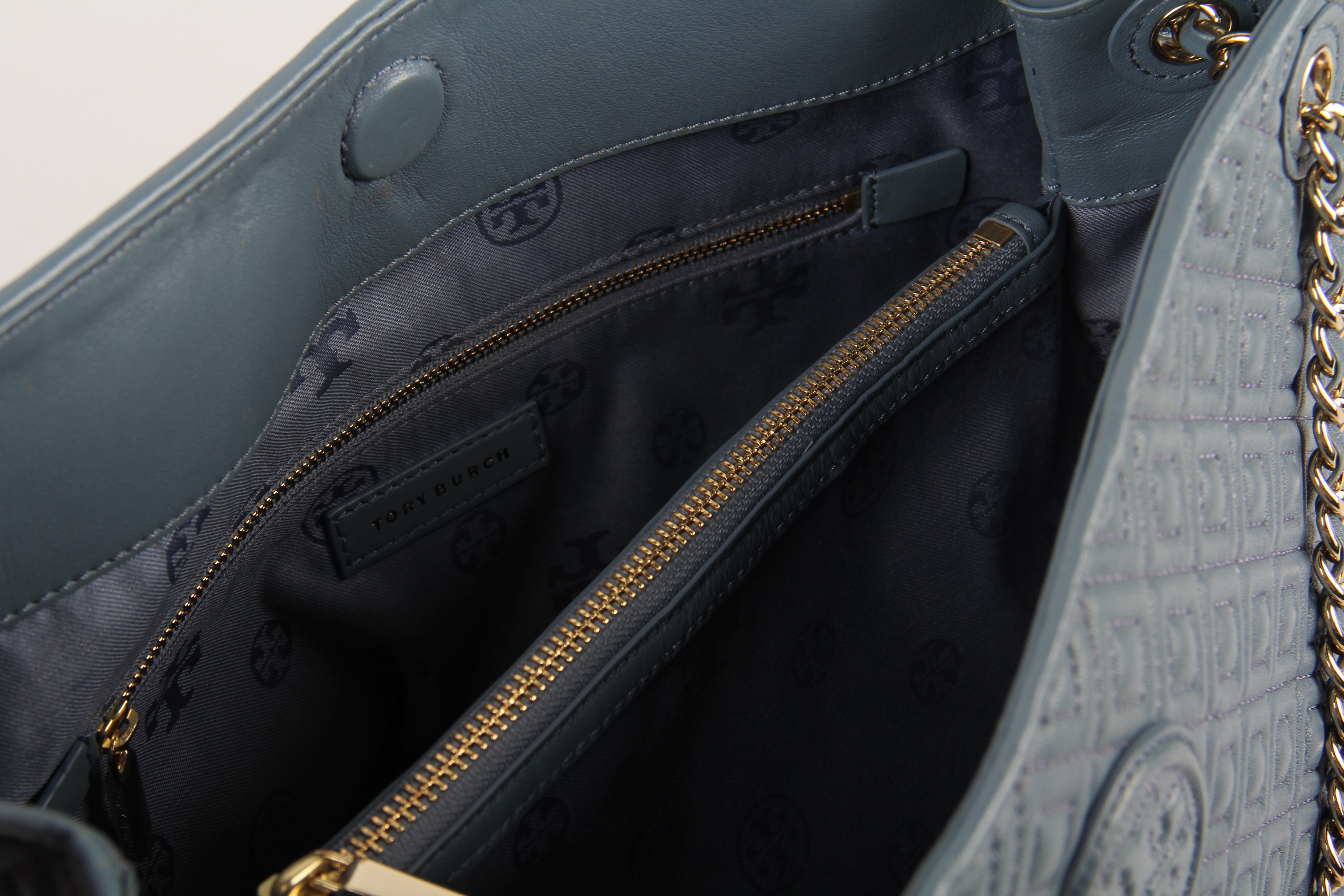 Tory Burch Quilted Dusty Blue Leather Tote