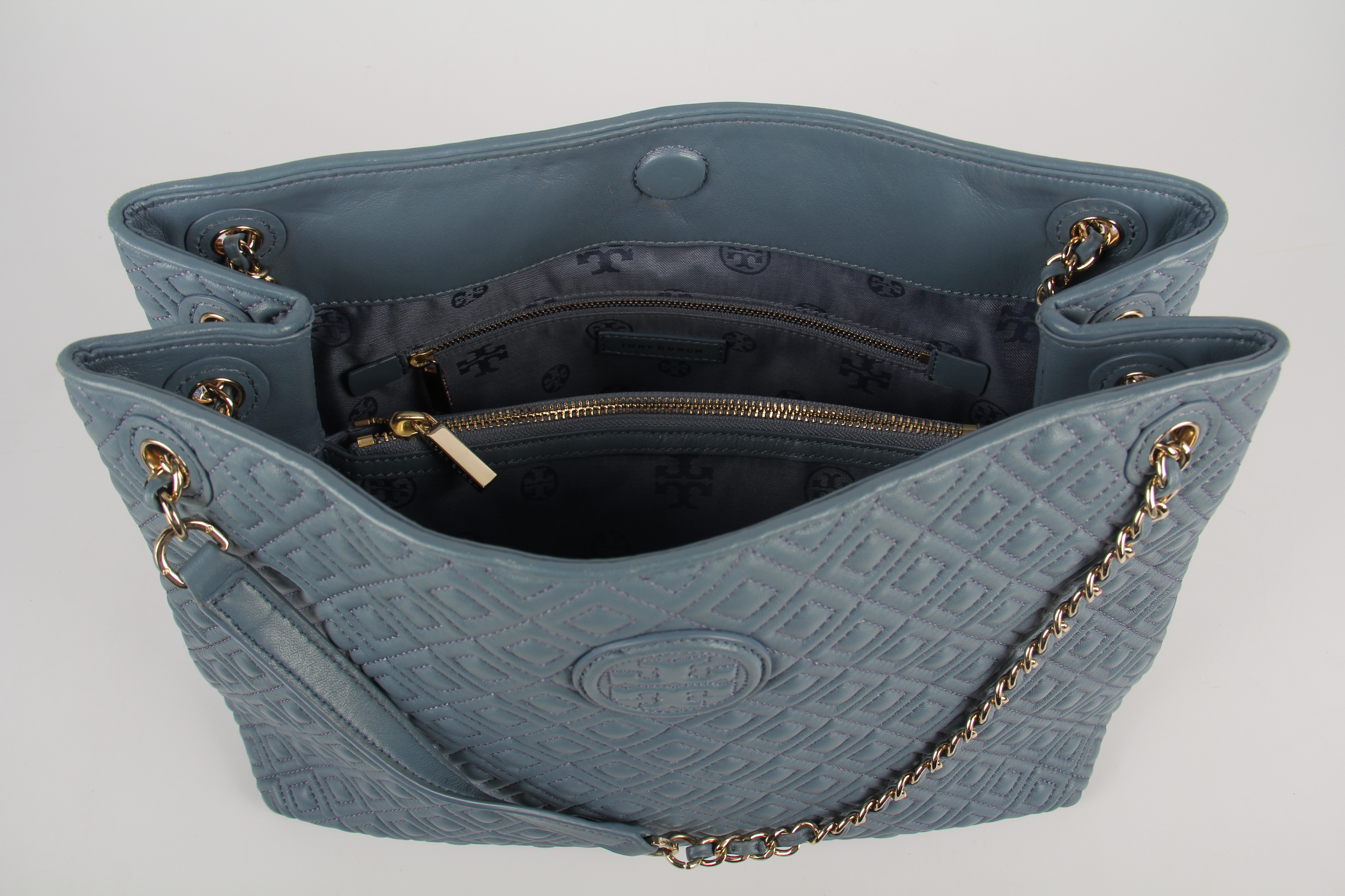Tory Burch Quilted Dusty Blue Leather Tote