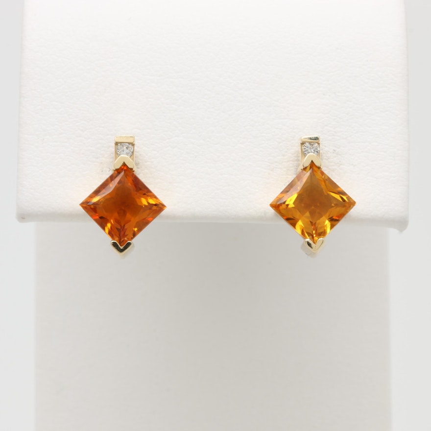 14K Yellow Gold Citrine and Diamond Earrings
