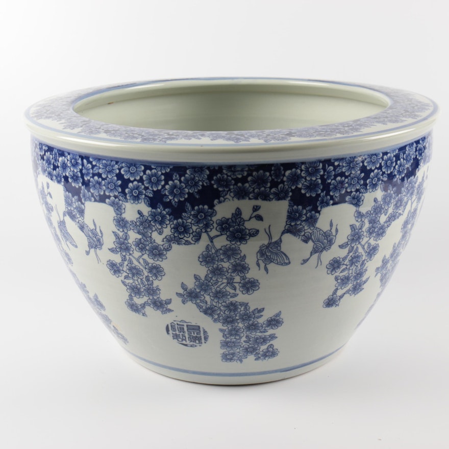 Chinese Blue and White Floral and Butterfly Themed Ceramic Planter