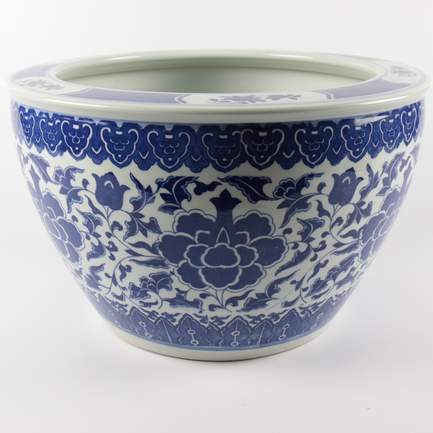 Chinese Blue and White Floral Themed Transferware Ceramic Planter
