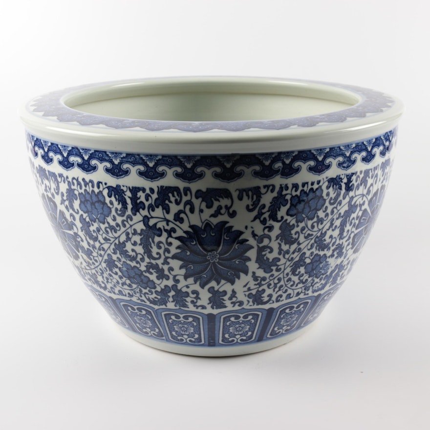 Chinese Blue and White Floral Themed Ceramic Planter