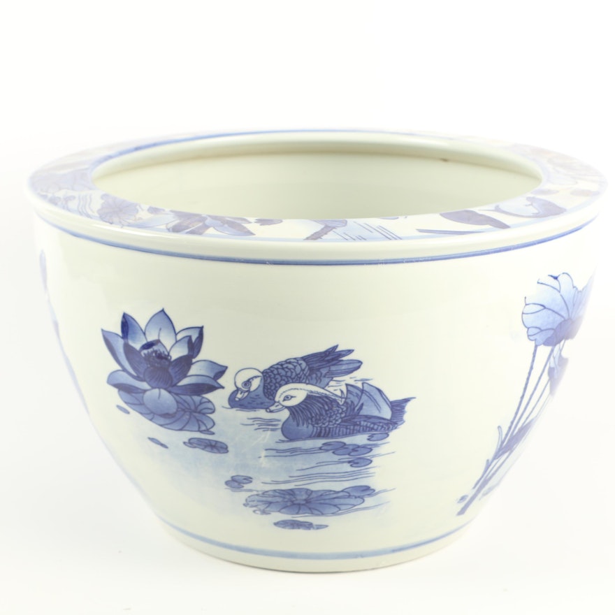 Chinese Blue and White Lotus and Water Fowl Themed Ceramic Planter