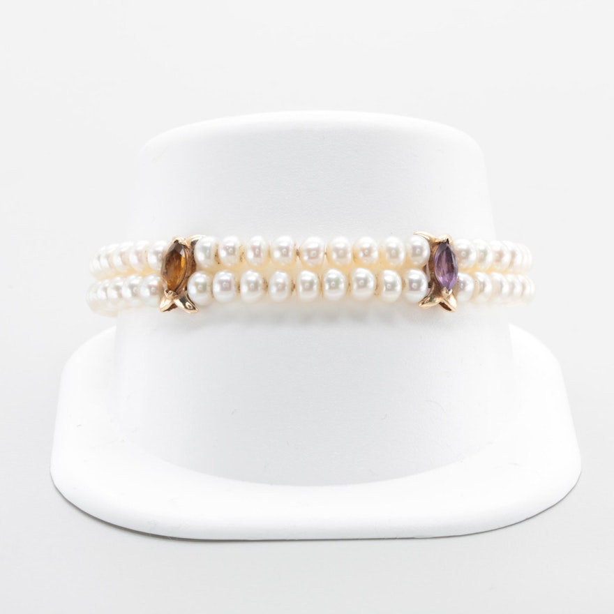 14K Yellow Gold Gemstone Bracelet Including Cultured Pearl