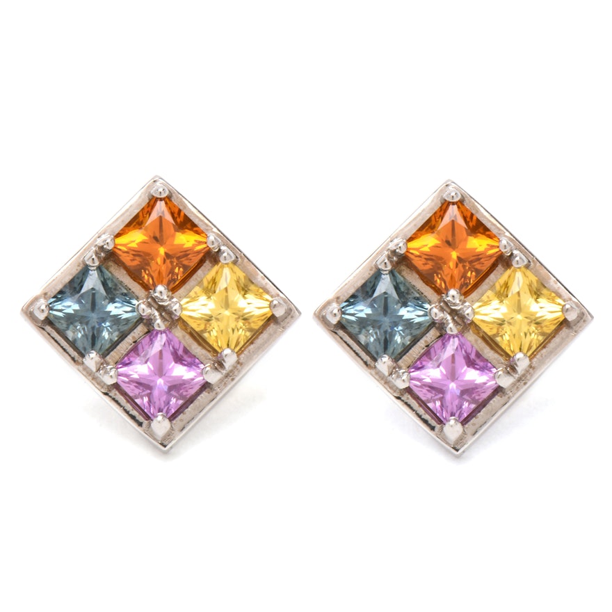 14K White Gold Blue, Pink, Yellow and Orange Sapphires Earrings