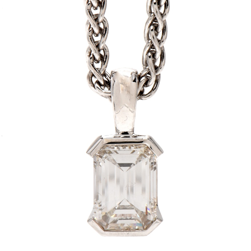 14K White Gold 2.20 CT Emerald Cut Diamond Drop Pendant Necklace