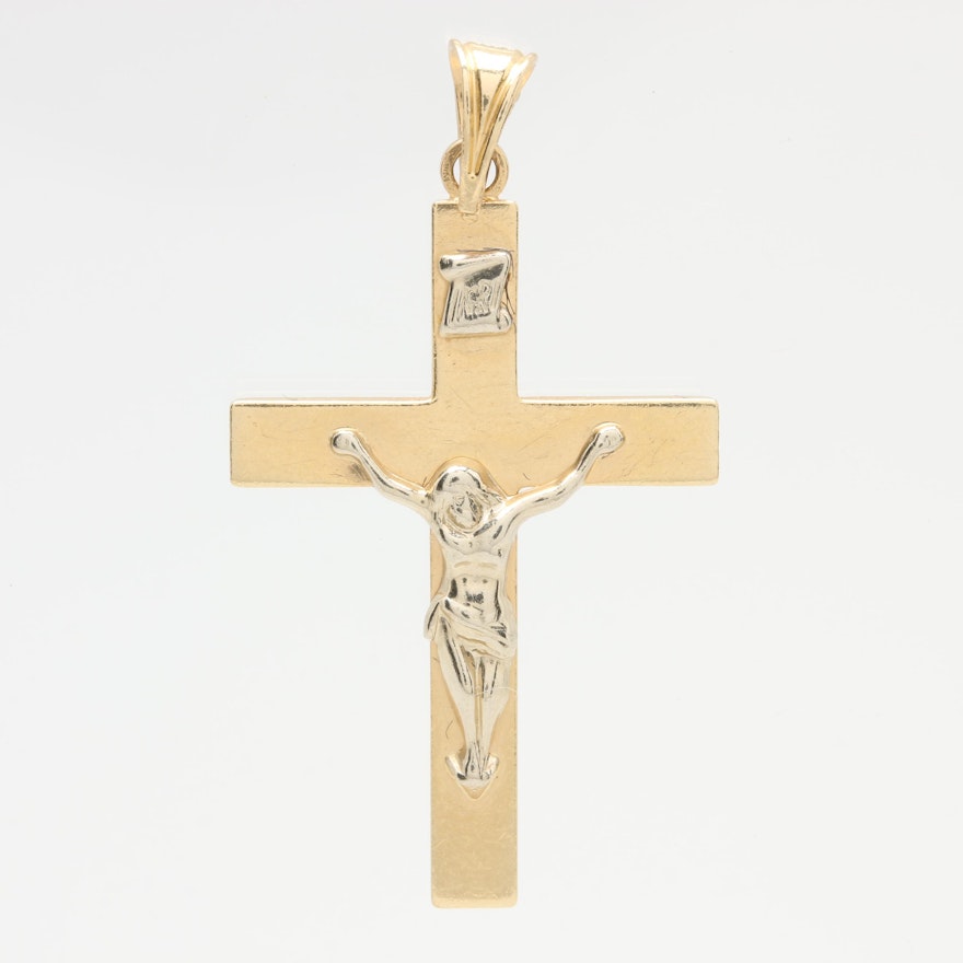 14K Yellow Gold Crucifix Pendant with White Gold Accents