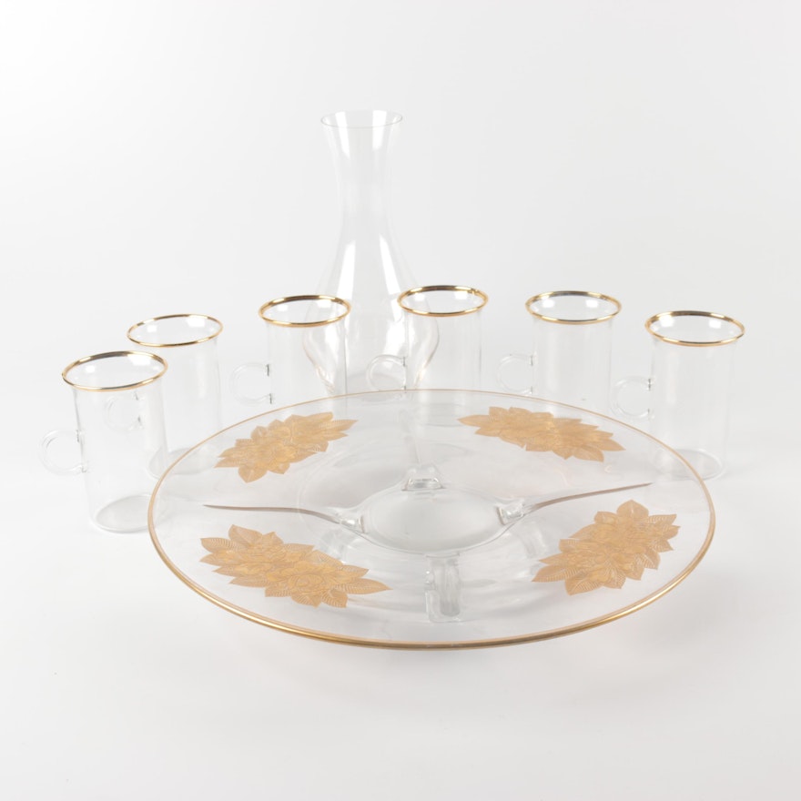 Vintage Footed Glass Tray with Gilt Rimmed Mugs and Riedel "O" Carafe