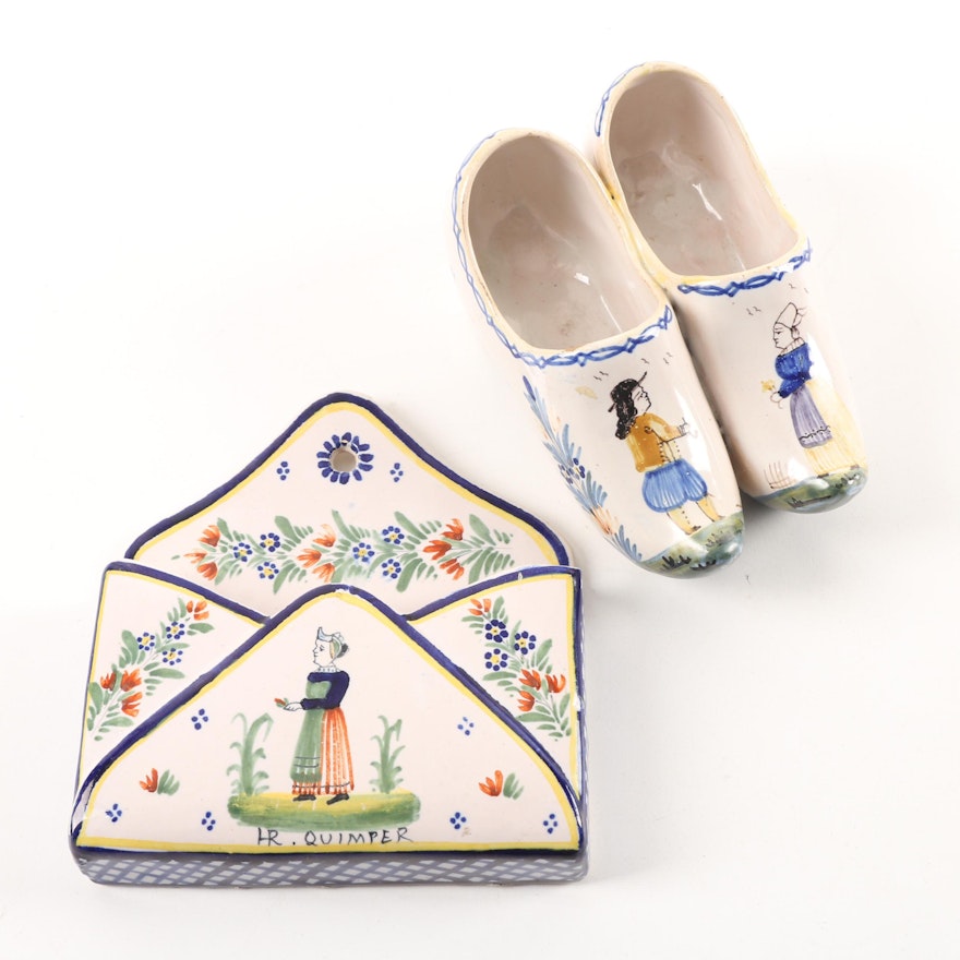 Vintage Quimper Faience Letter Holder and Clogs