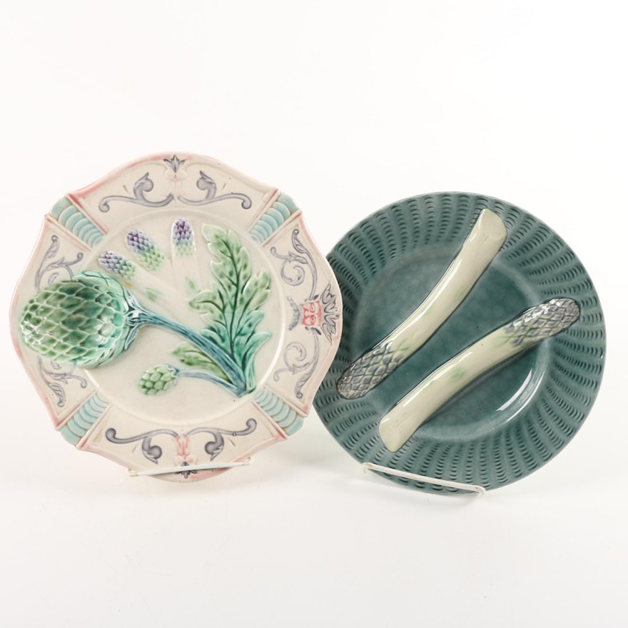 Antique French Asparagus and Artichoke Majolica Plates