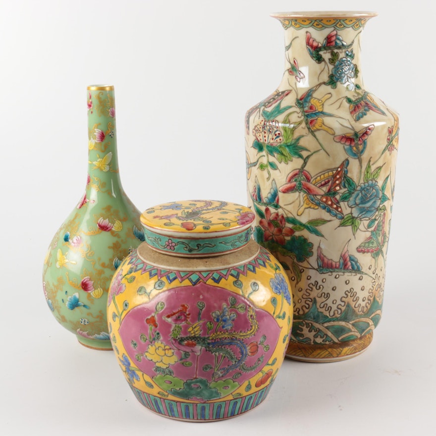 Chinese Decorative Ceramic Vases and Lidded Jar