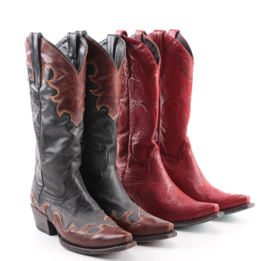 Women's Lane Black and Red Leather Cowboy Boots