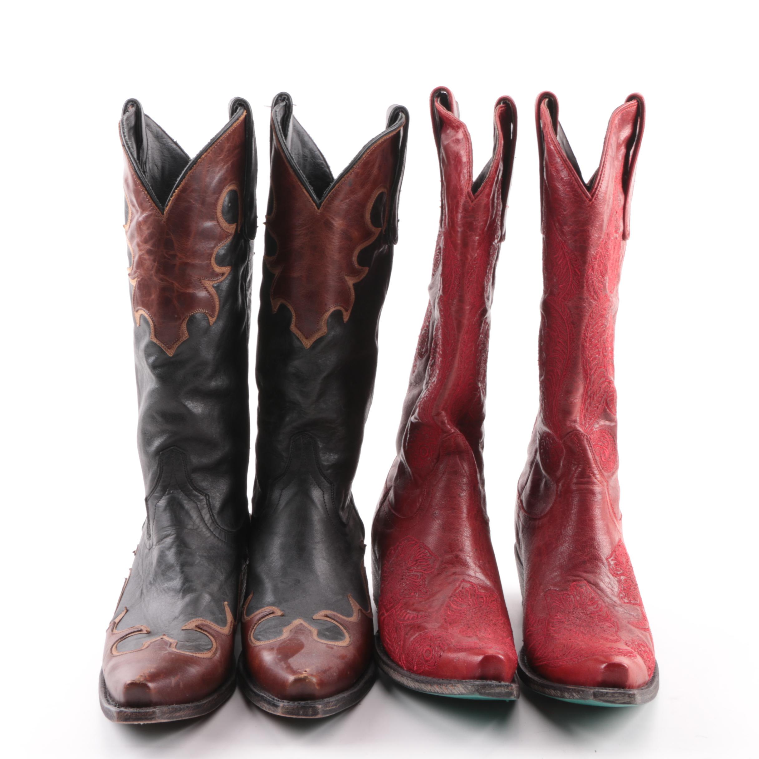 Women's Lane Black and Red Leather Cowboy Boots